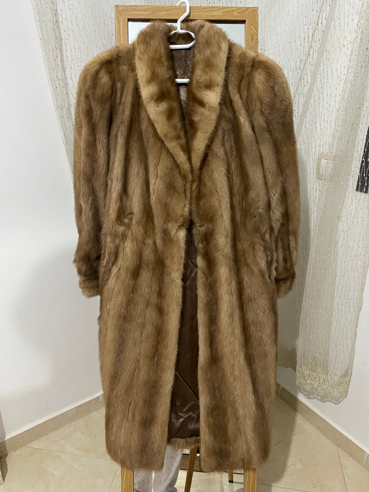 Manteau long en vison vintage années 80, col châle, couleur miel