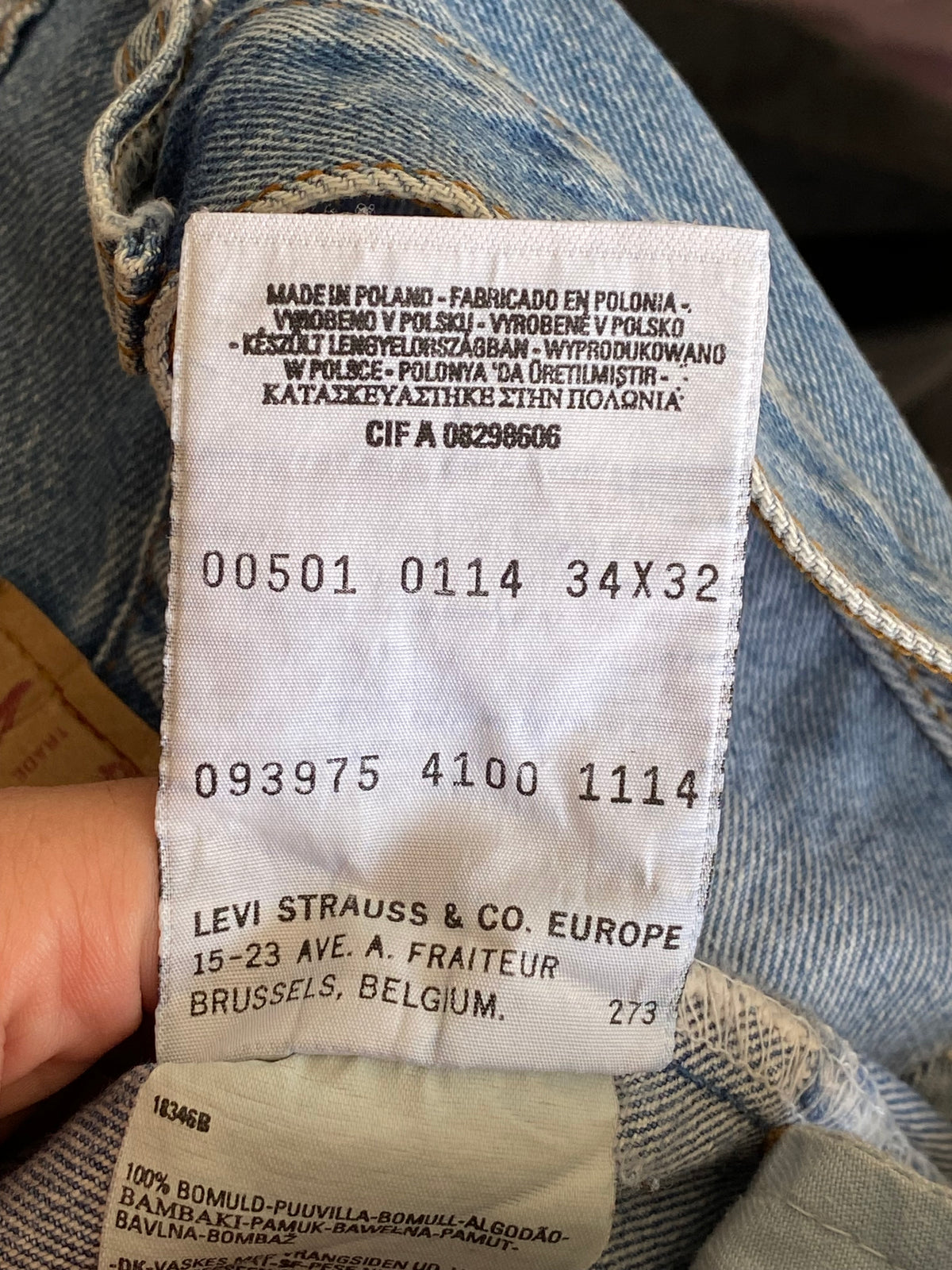 Jean Levi's 501 vintage W34 L32 – Made in Poland – Bleu délavé stonewash – Coupe droite Taille 44 FR / 50 eu