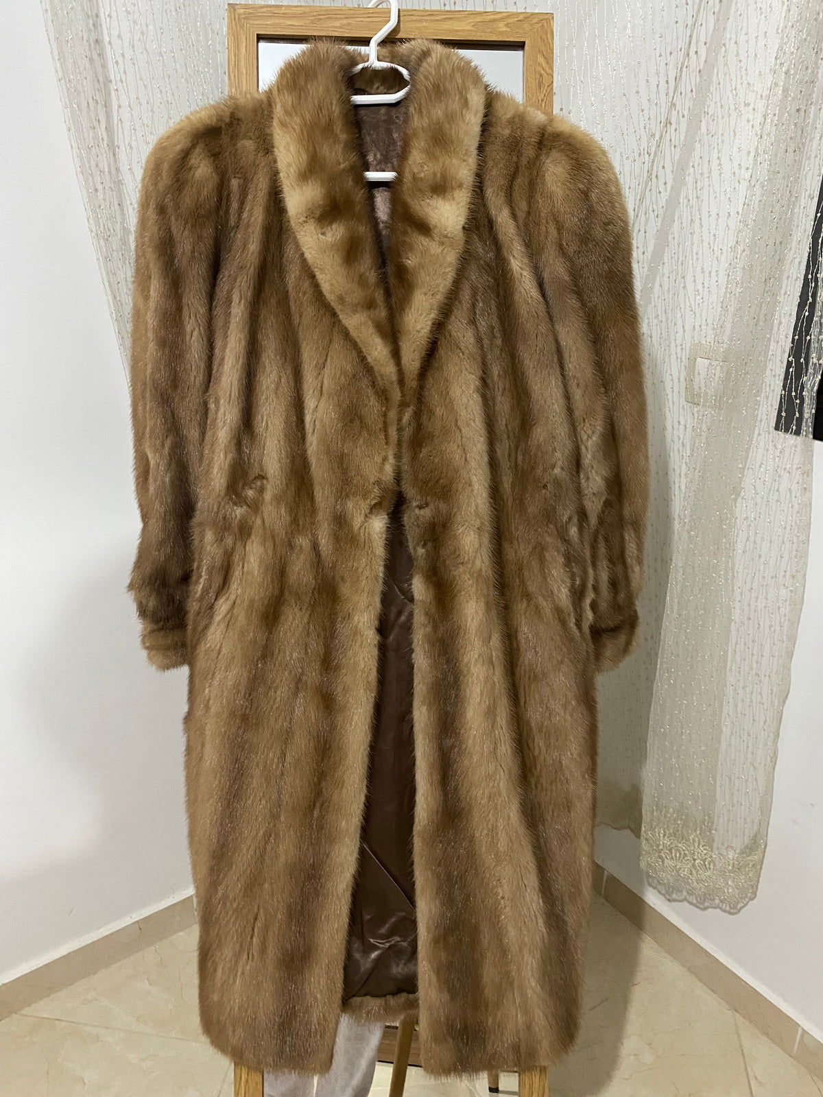 Manteau long en vison vintage années 80, col châle, couleur miel