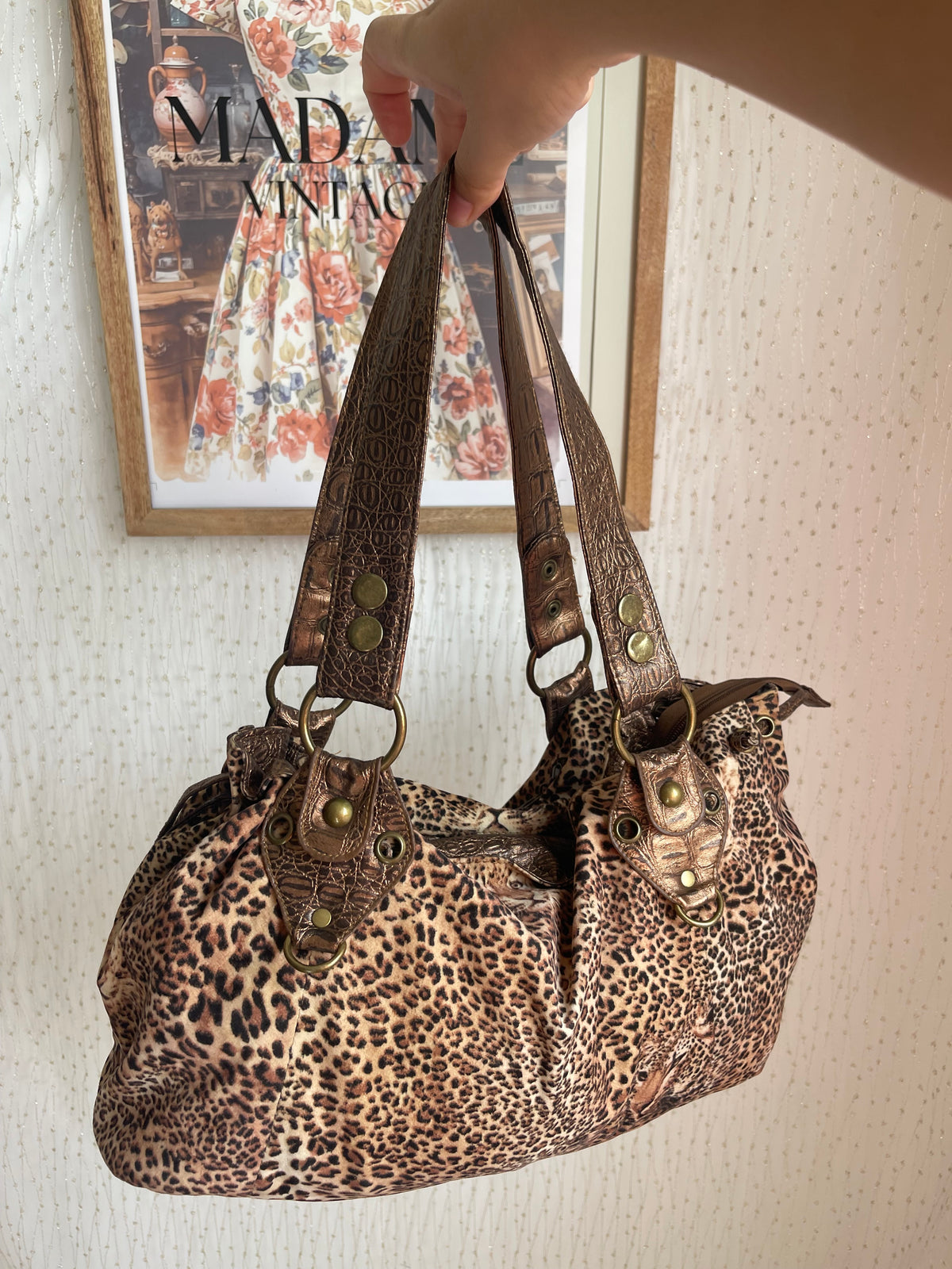 Sac léopard bohème à anses bronze effet croco