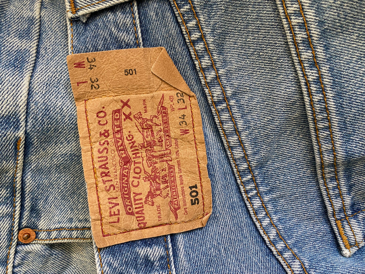 Jean Levi's 501 vintage W34 L32 – Made in Poland – Bleu délavé stonewash – Coupe droite Taille 44 FR / 50 eu