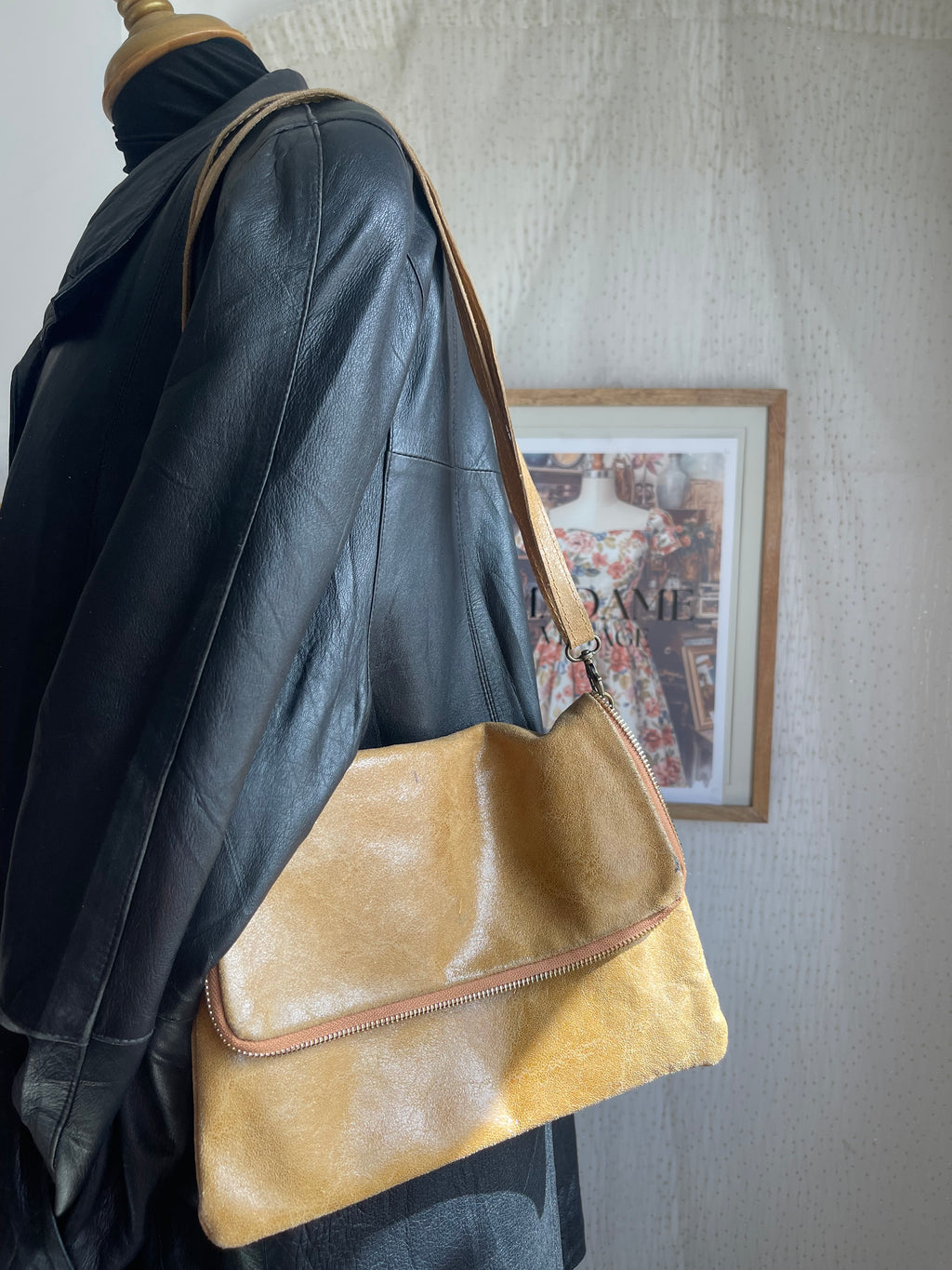 Sac rabat en cuir camel irisé, Made in Italy
