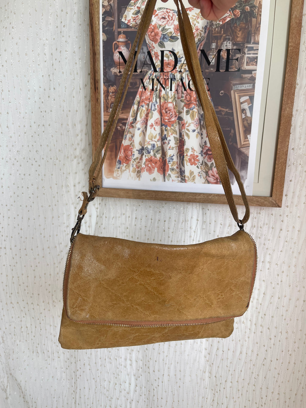 Sac rabat en cuir camel irisé, Made in Italy