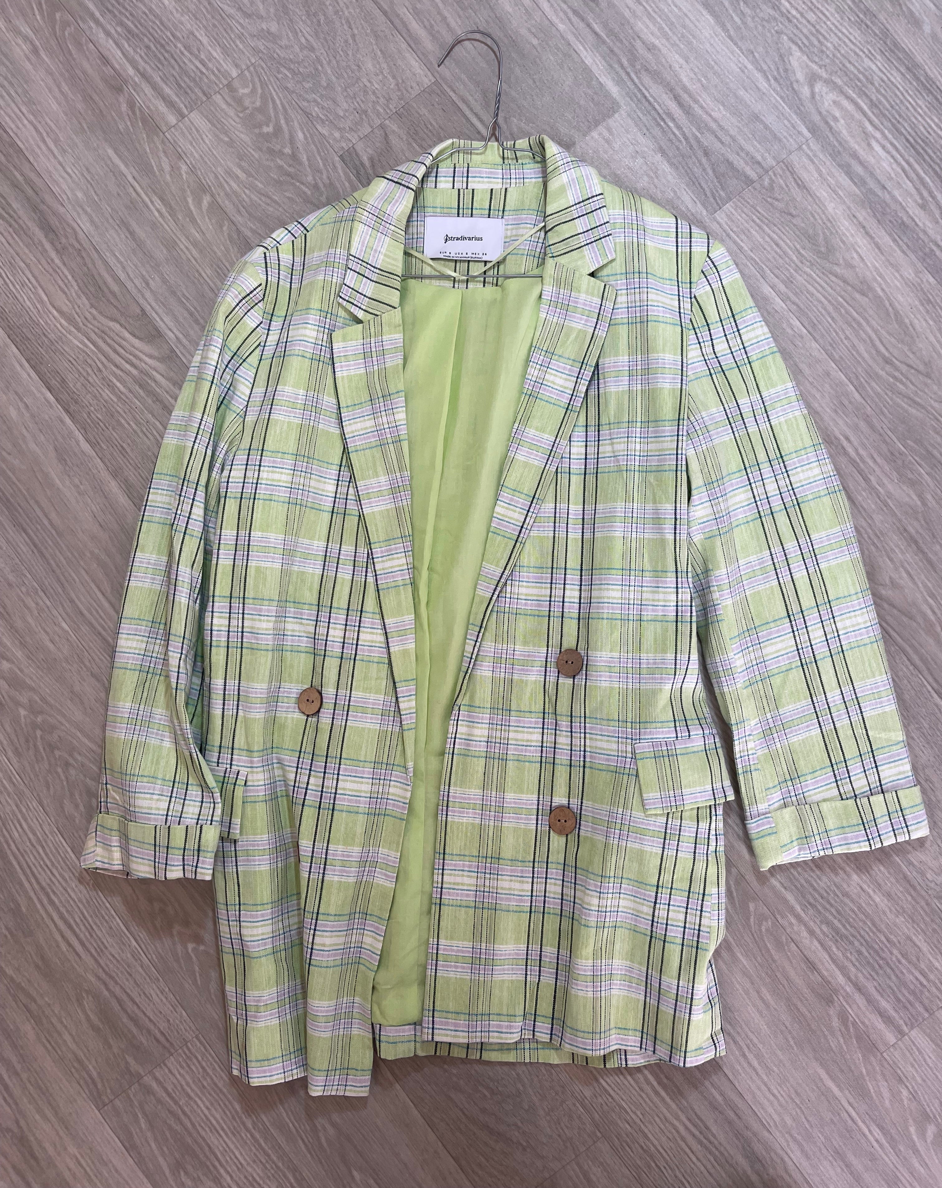 Blazer long à carreaux vert clair Stradivarius