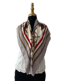 Grand foulard carré en soie motif équestre et chaînes vintage