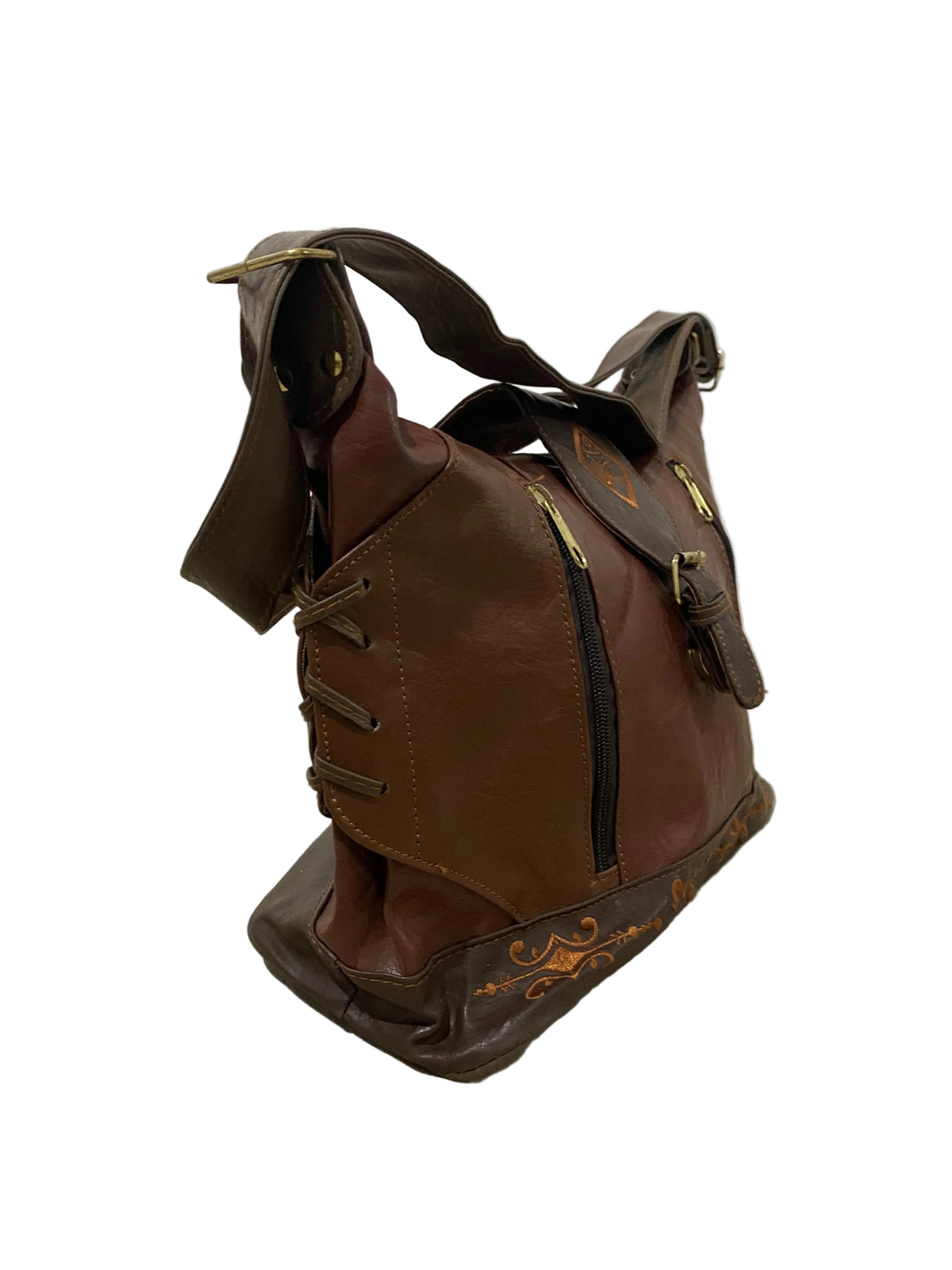 Sac bandoulière marron patchwork brodé, style artisanal, lacets et zips