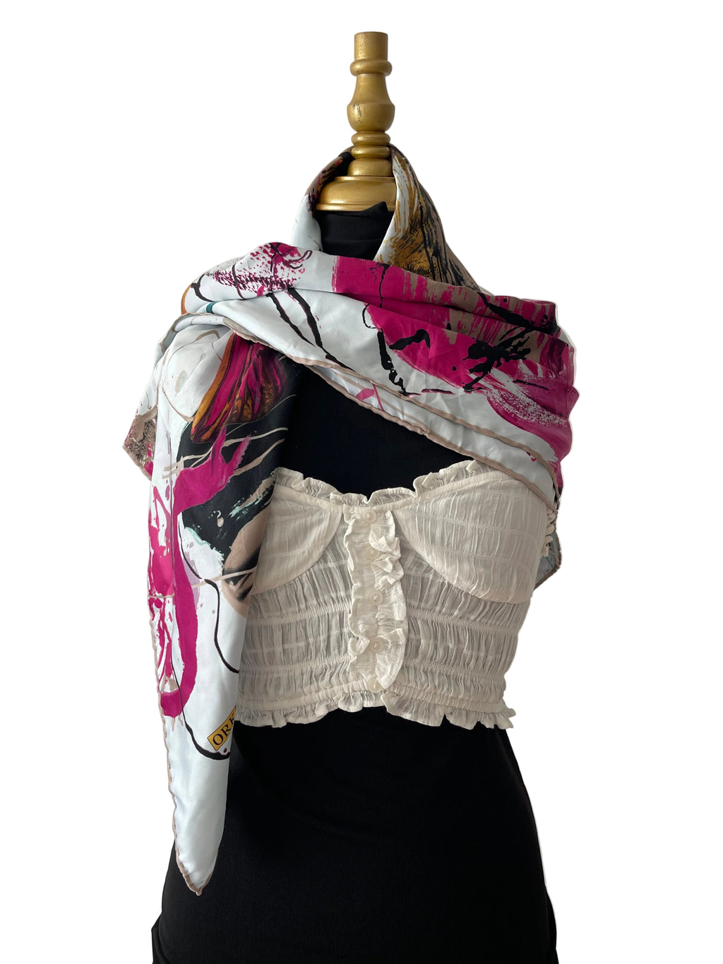 Foulard carré en soie motif abstrait et coups de pinceau multicolores