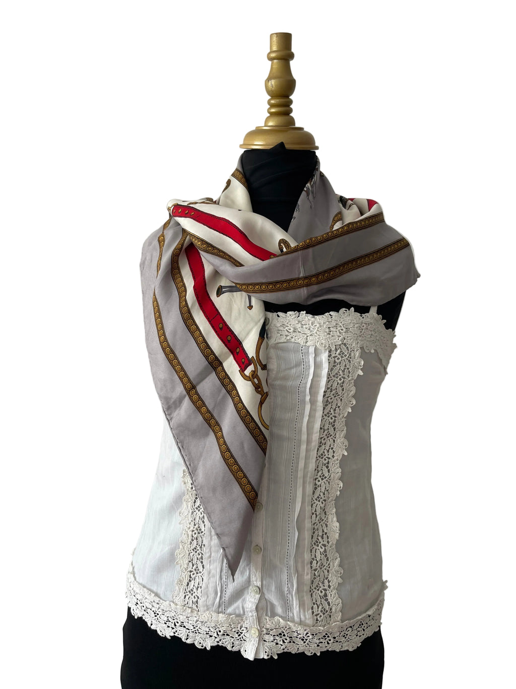 Grand foulard carré en soie motif équestre et chaînes vintage