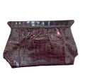 Pochette vintage en crocodile marron, années 40-50, fermoir cadre laiton, grand format