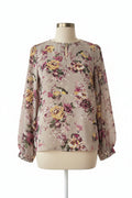 Blouse Grise Florale Roses Oiseaux Manches Longues