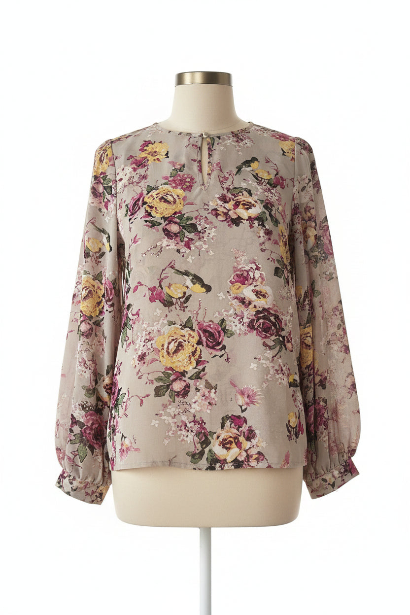 Blouse Grise Florale Roses Oiseaux Manches Longues
