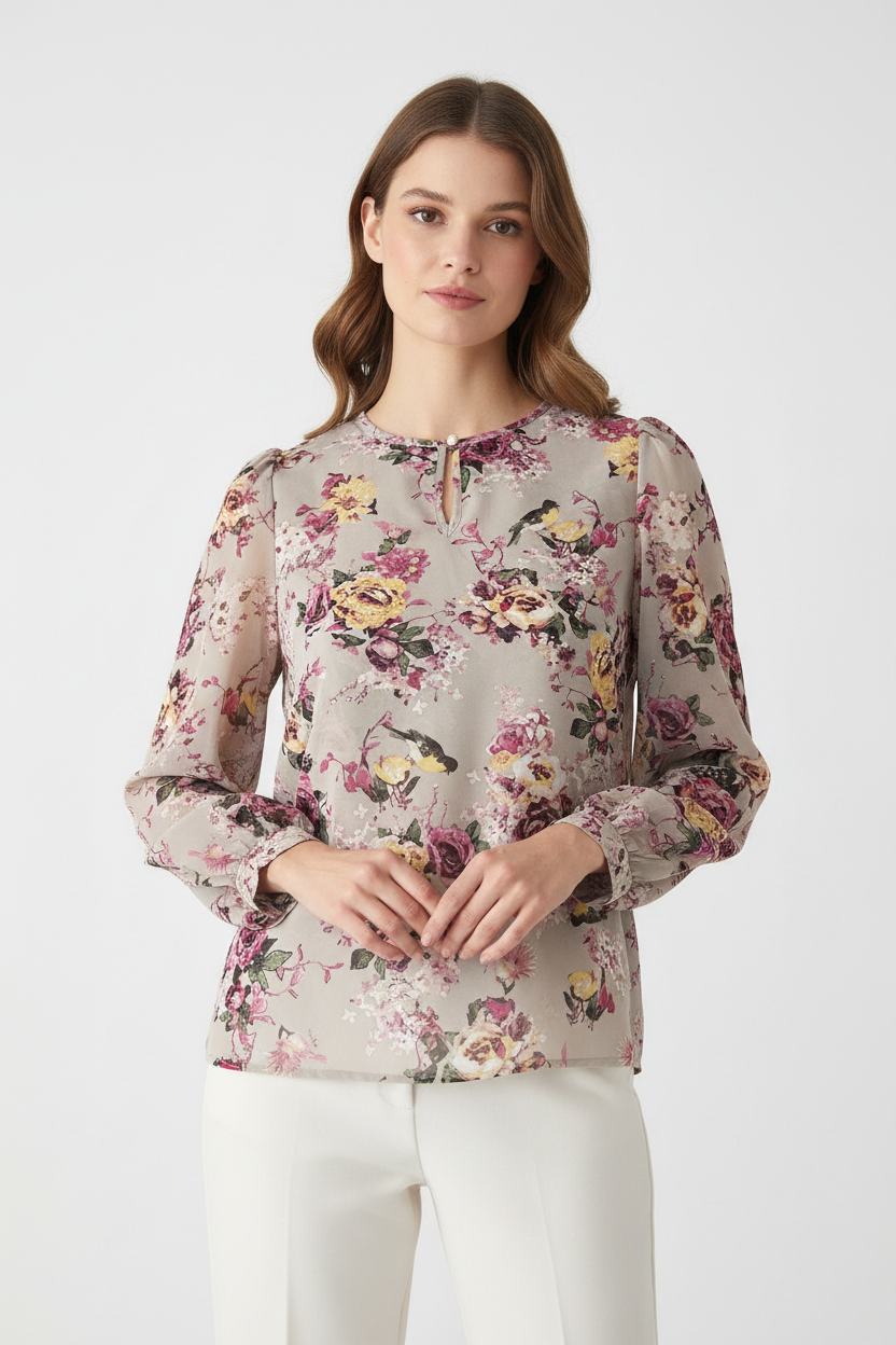 Blouse Grise Florale Roses Oiseaux Manches Longues