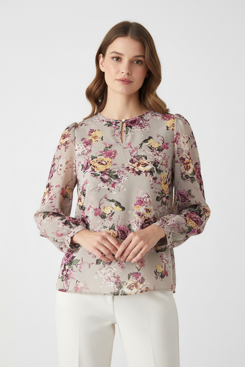 Blouse Grise Florale Roses Oiseaux Manches Longues