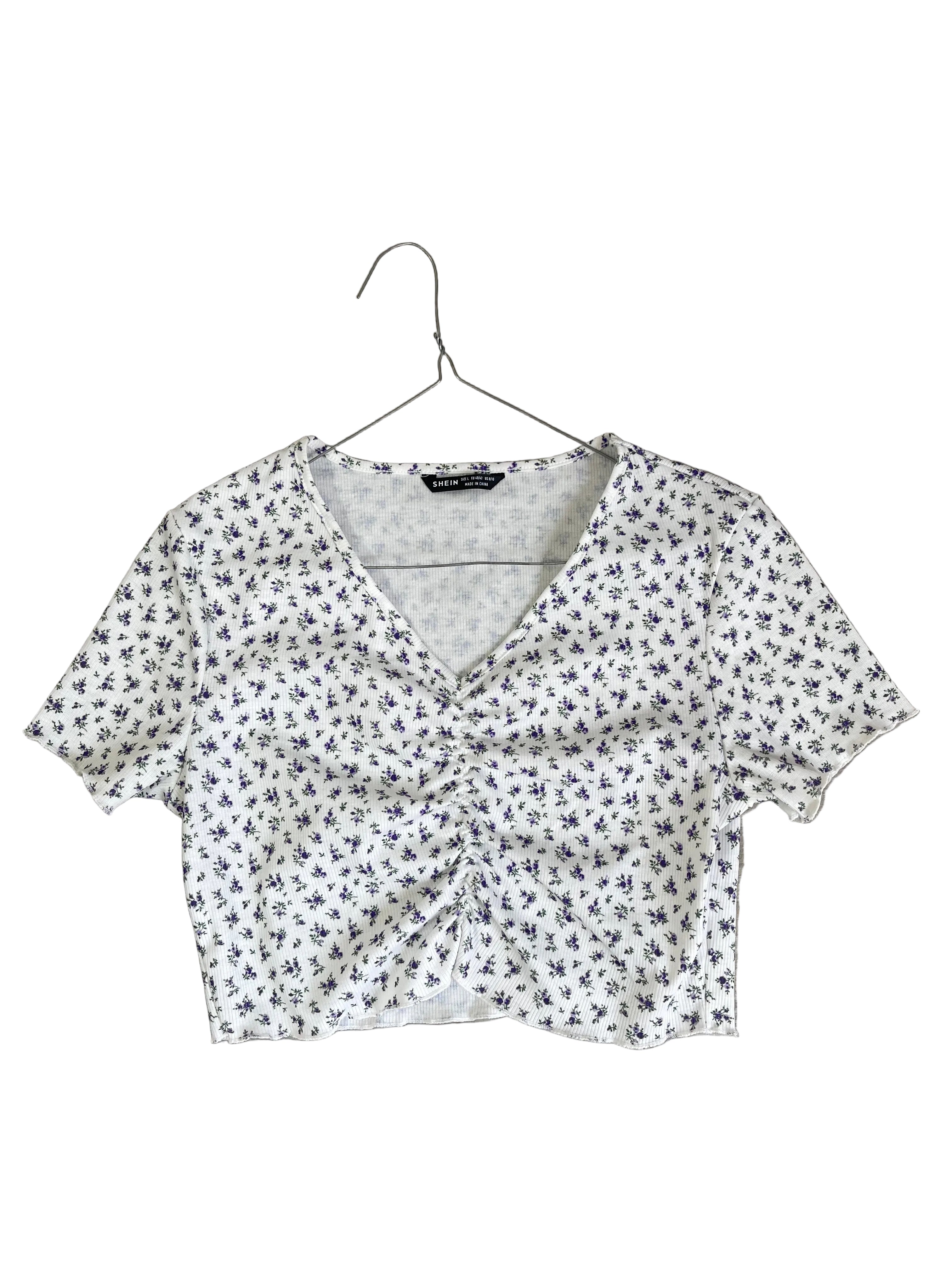 Crop top fleuri mauve à col V froncé - SHEIN taille L