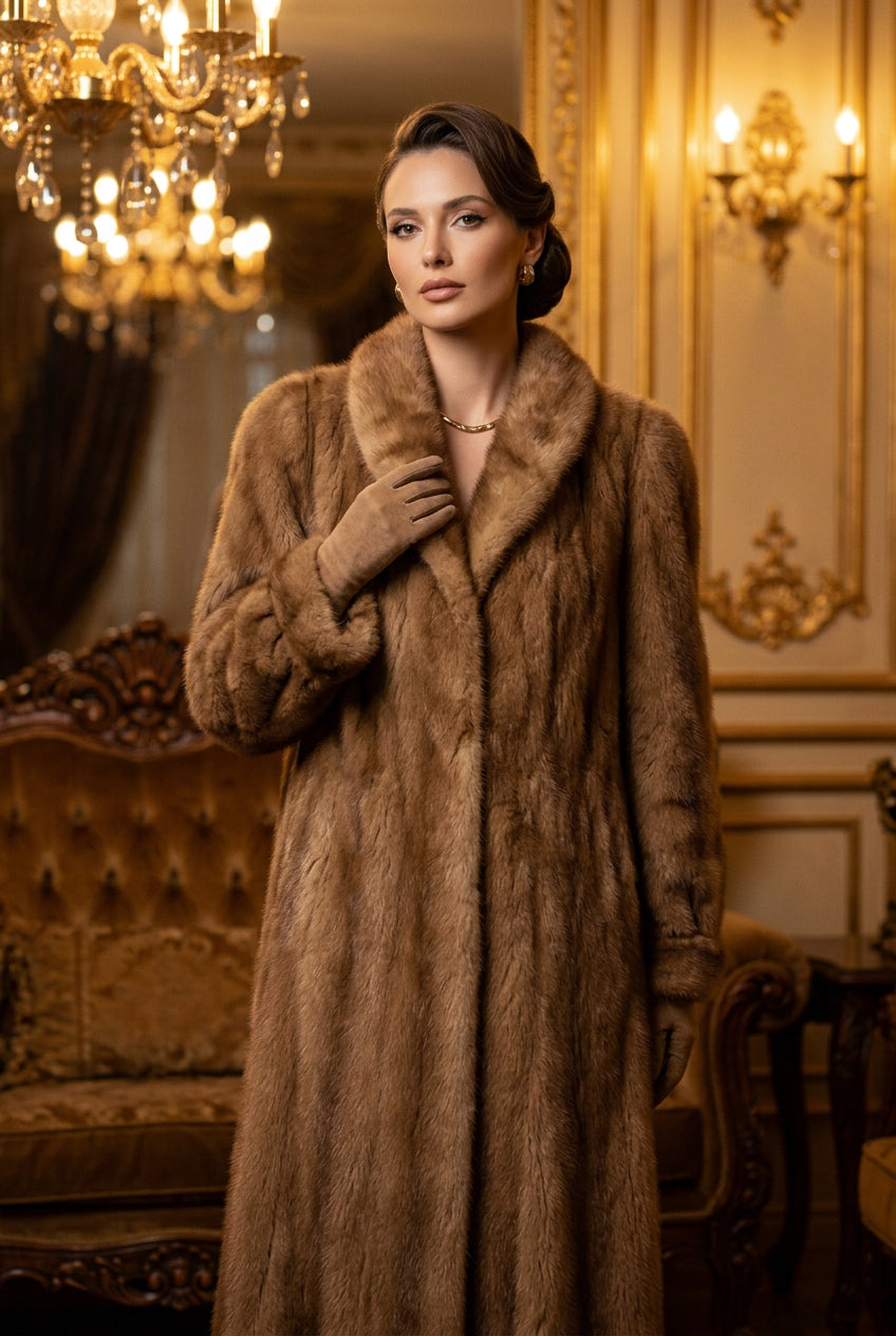 Manteau long en vison vintage années 80, col châle, couleur miel