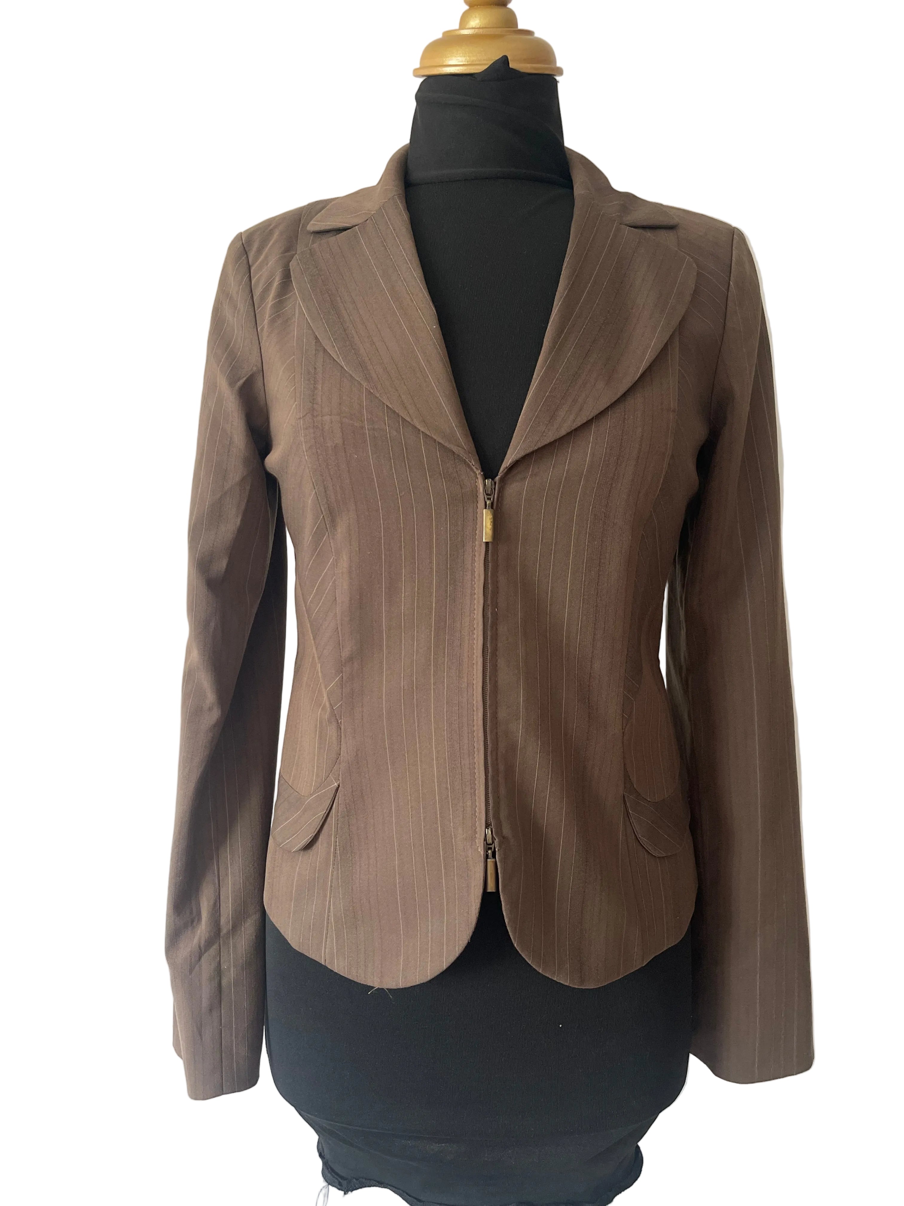 Blazer Femme Élégant Marron à Rayures avec Fermeture Éclair Unique