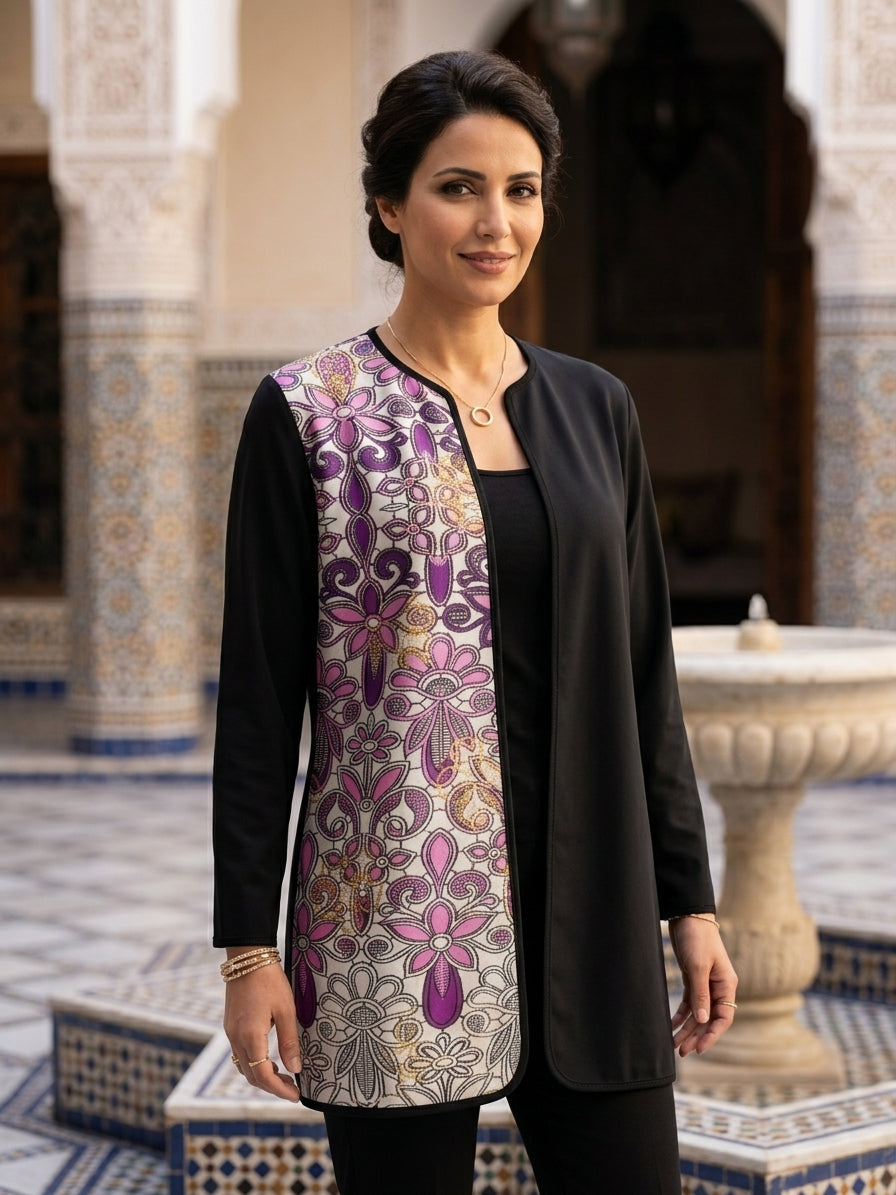 Veste kimono noire à panneau imprimé wax