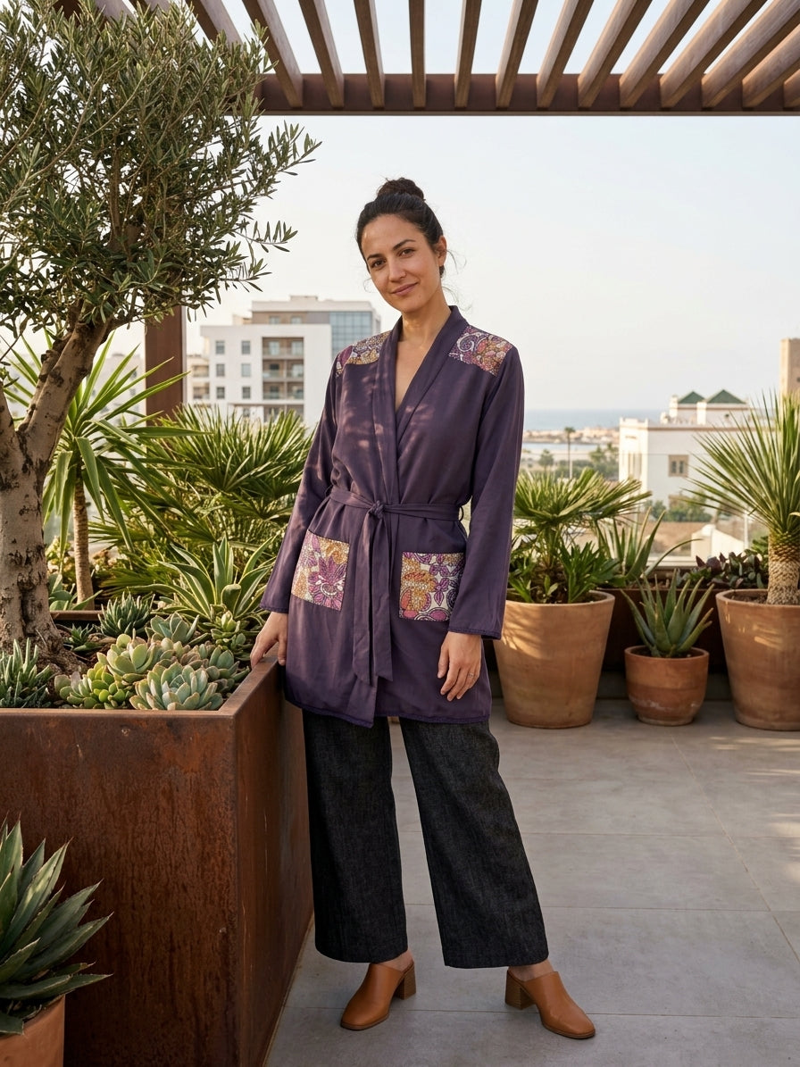 Veste kimono bleu marine à empiècements wax