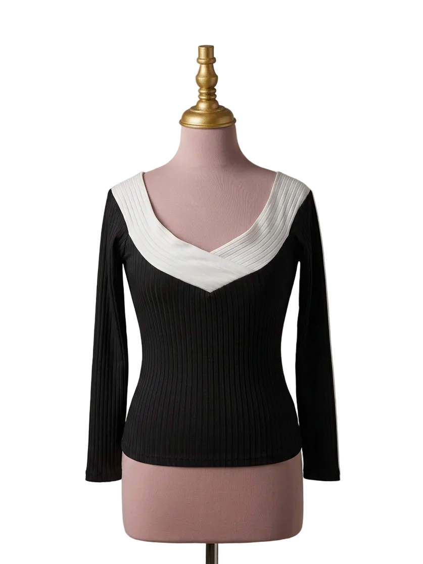 Top Noir Bimatière Col V Satin Blanc Côtelé