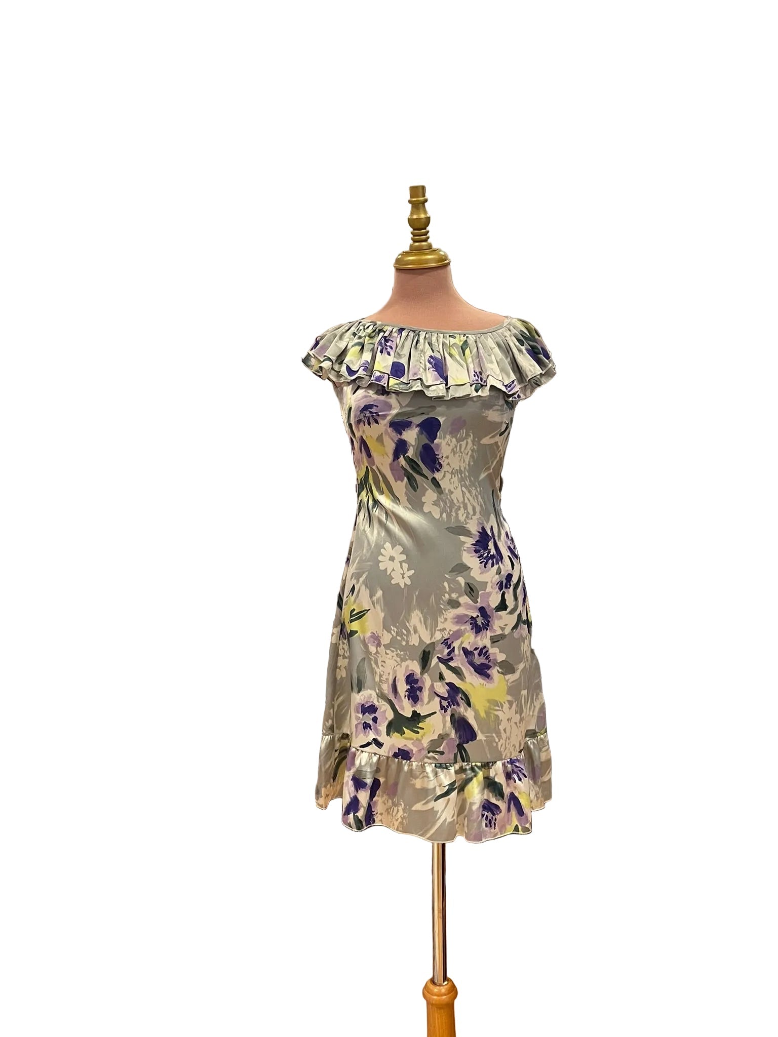 Robe Grise Florale Volant Épaule