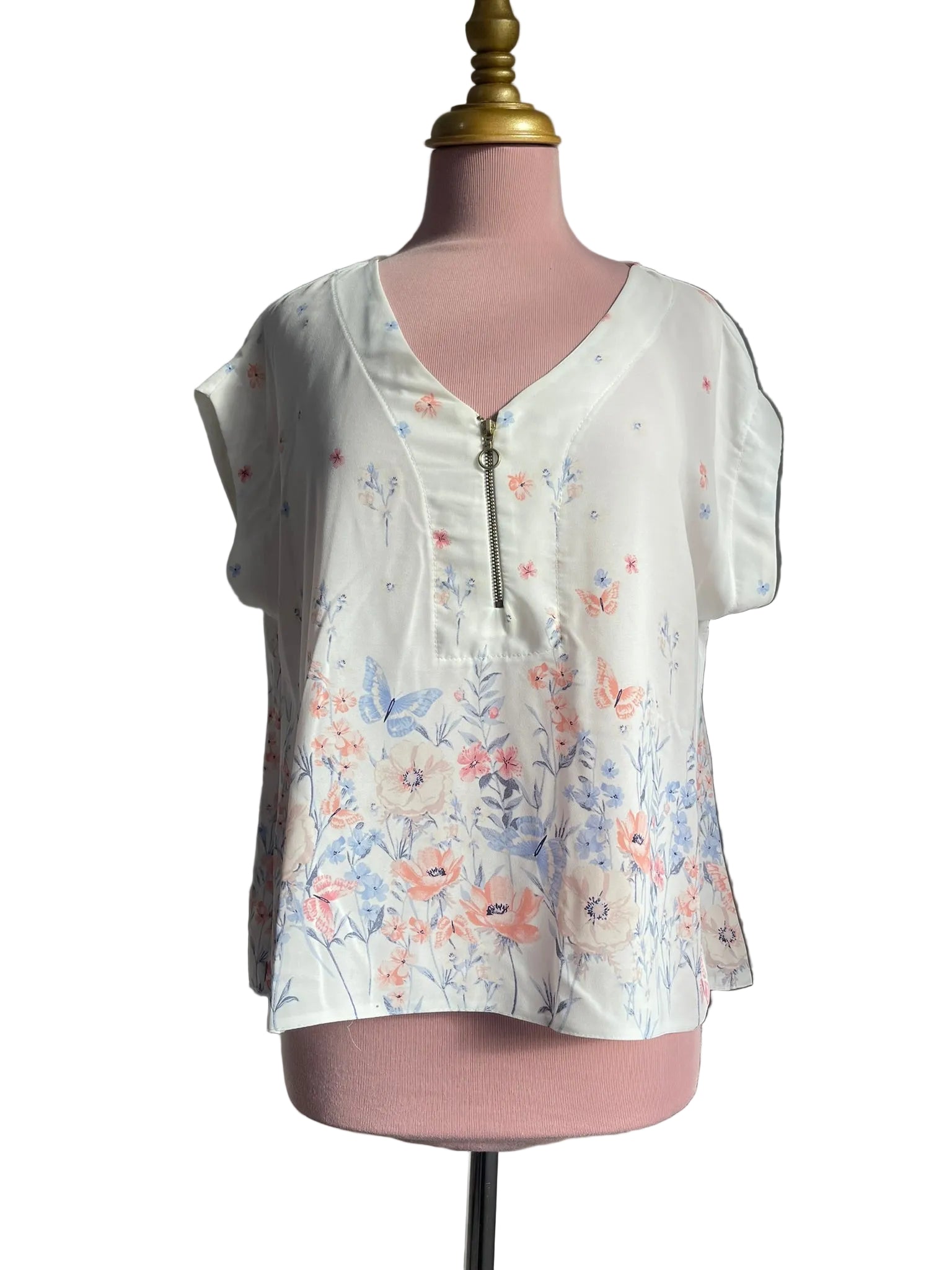 Blouse Blanche Florale Zip V Manches Courtes