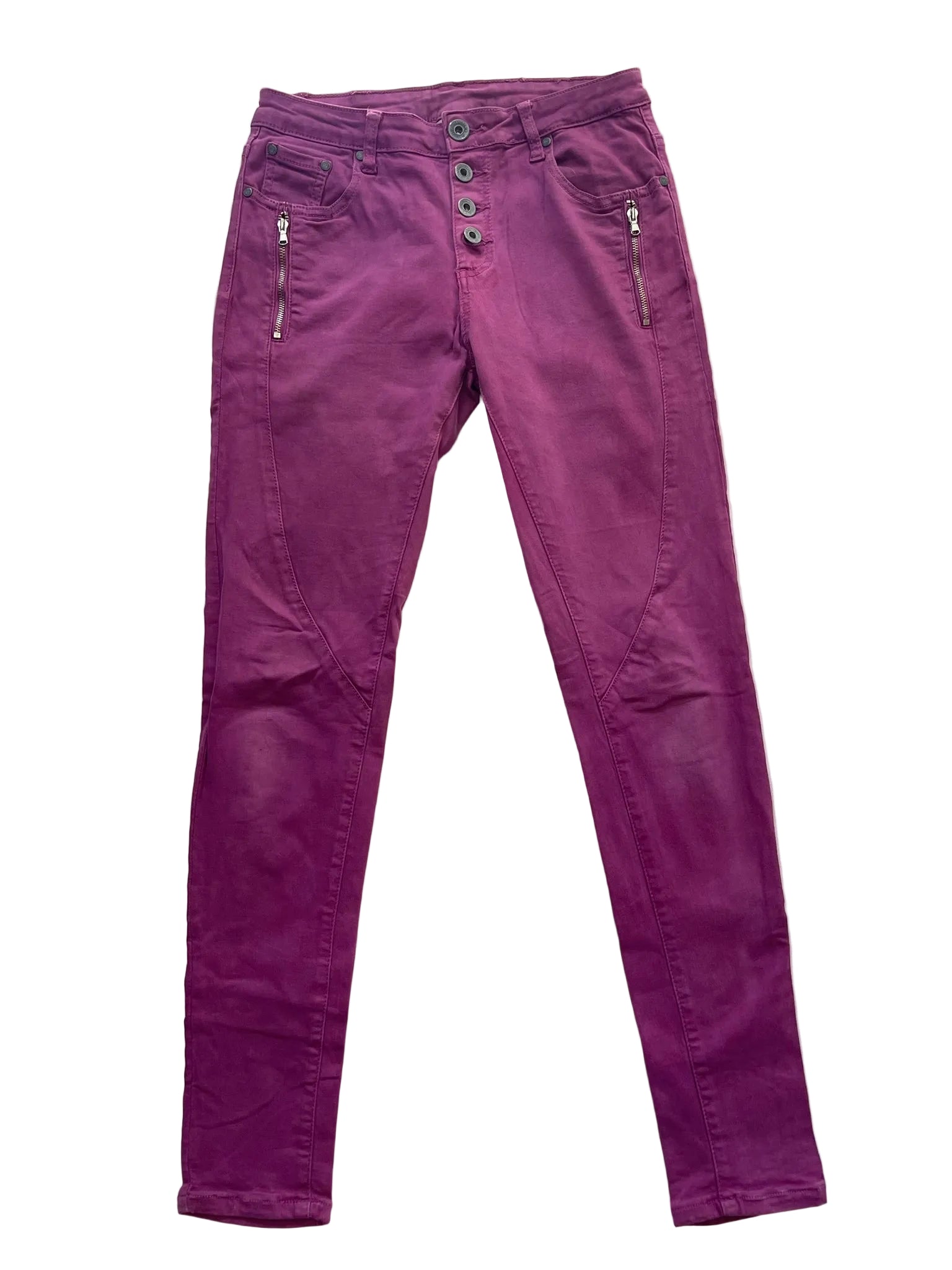 Jean slim violet aubergine zips et boutonnage femme