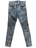 Jean skinny bleu acide style moto genoux côtelés femme