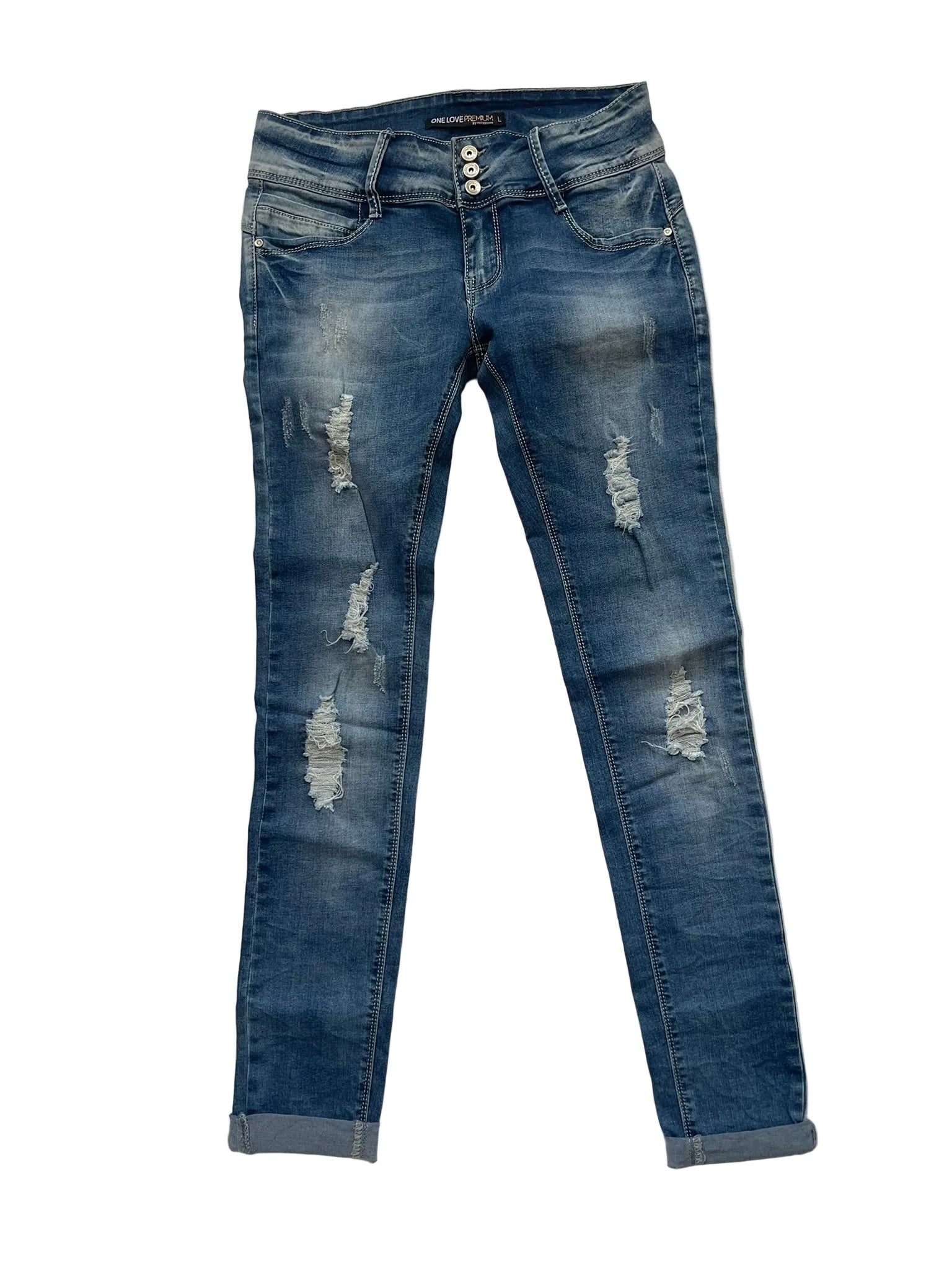 Jean slim déchiré 3 boutons One Love Premium femme