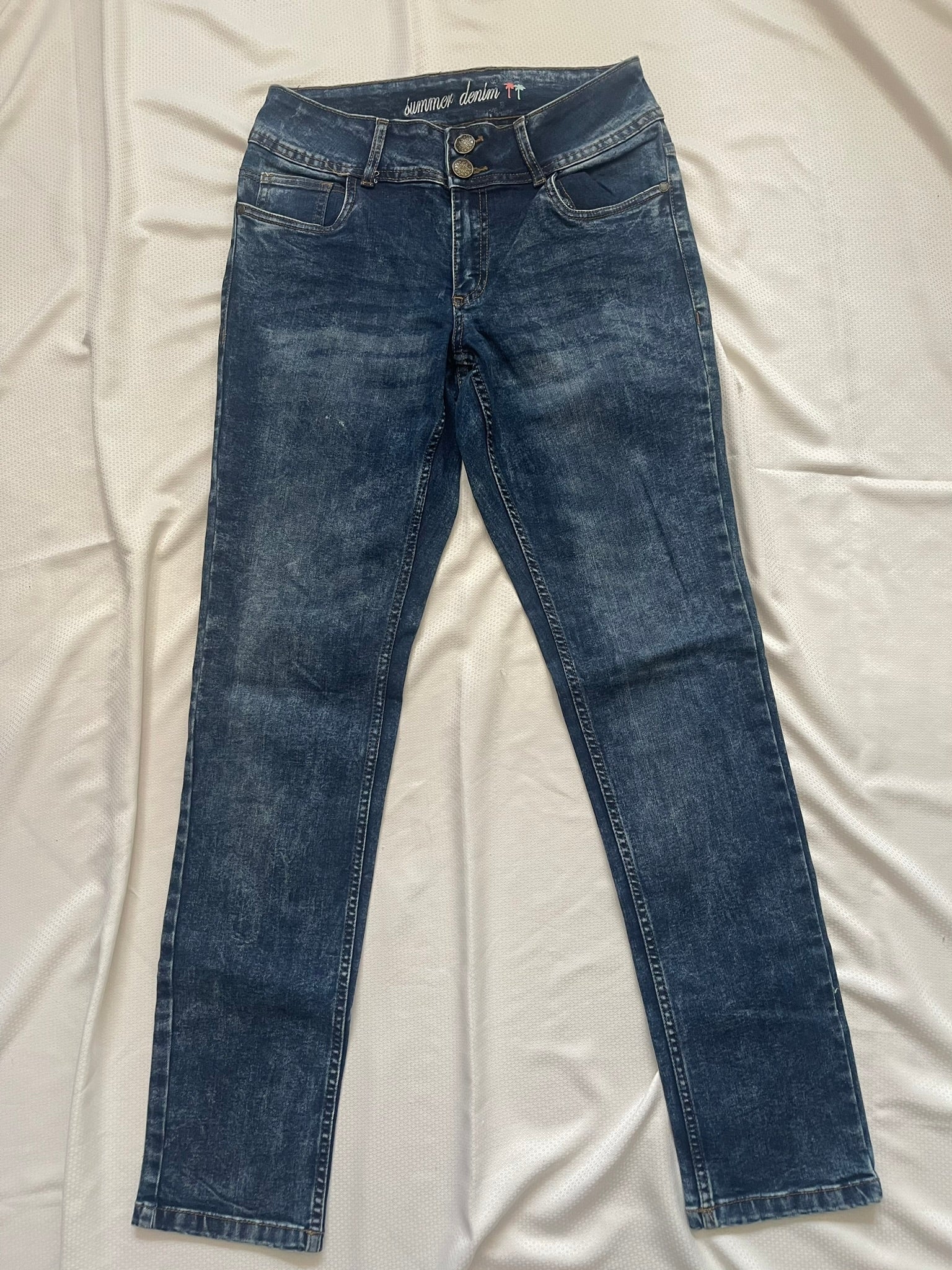 Jean droit bleu acide double bouton Summer Denim femme