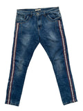 Jean slim bleu délavé bandes sportives tricolores femme