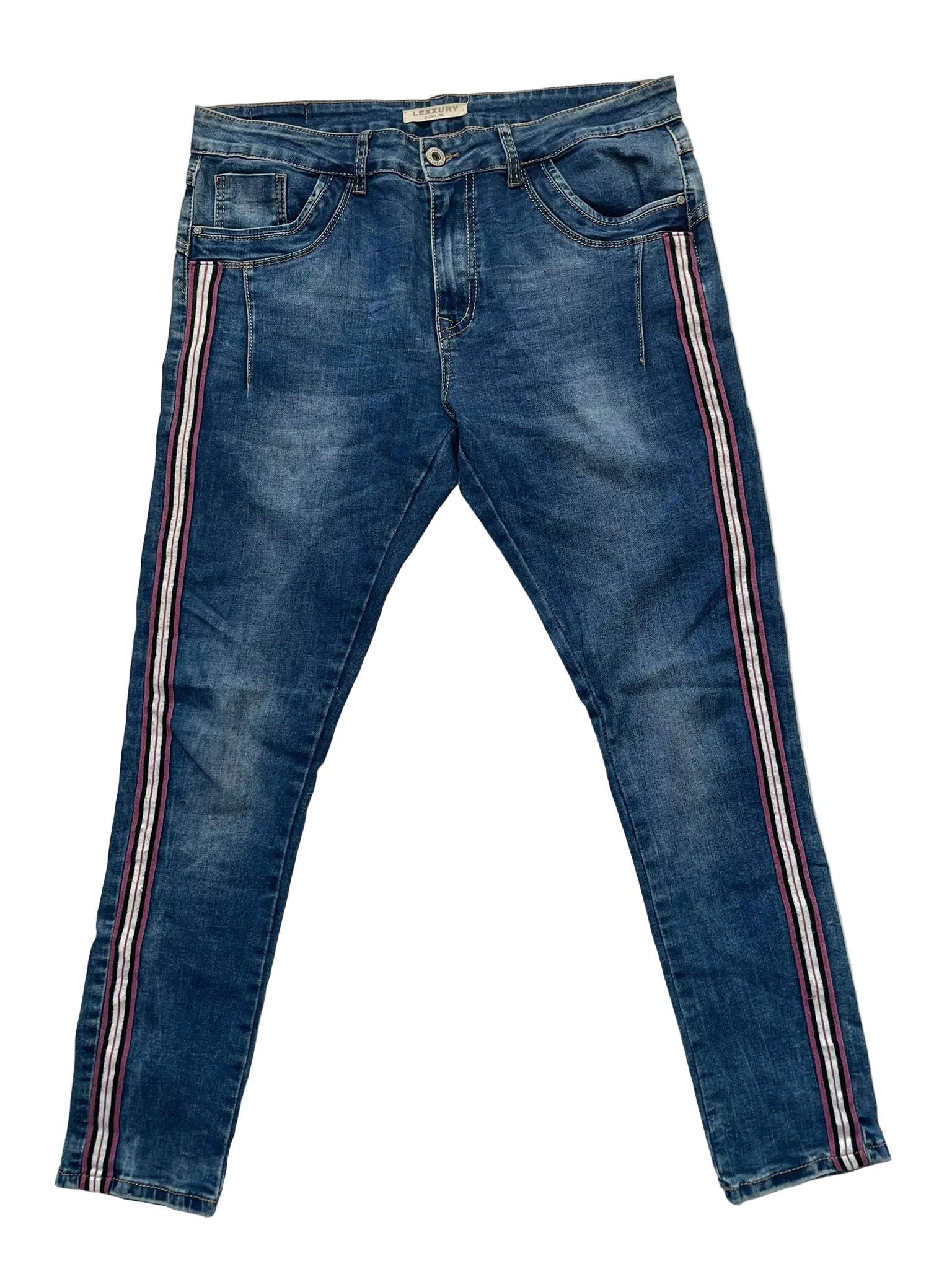 Jean slim bleu délavé bandes sportives tricolores femme