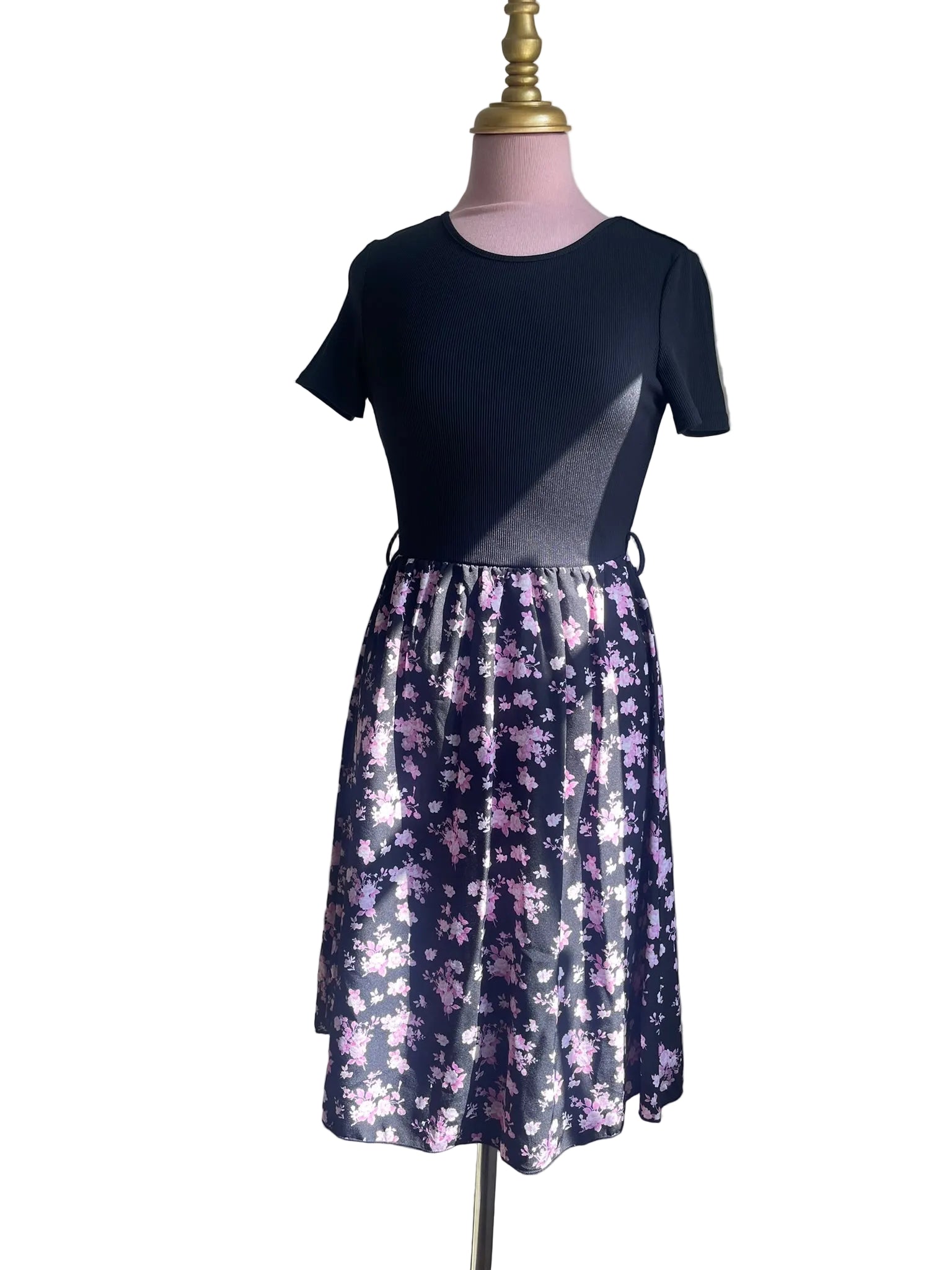 Robe Bimatière Noire Top Jersey Jupe Fleurie Mauve