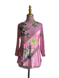 Top Long Rose Fleuri Colibris Manches 3/4