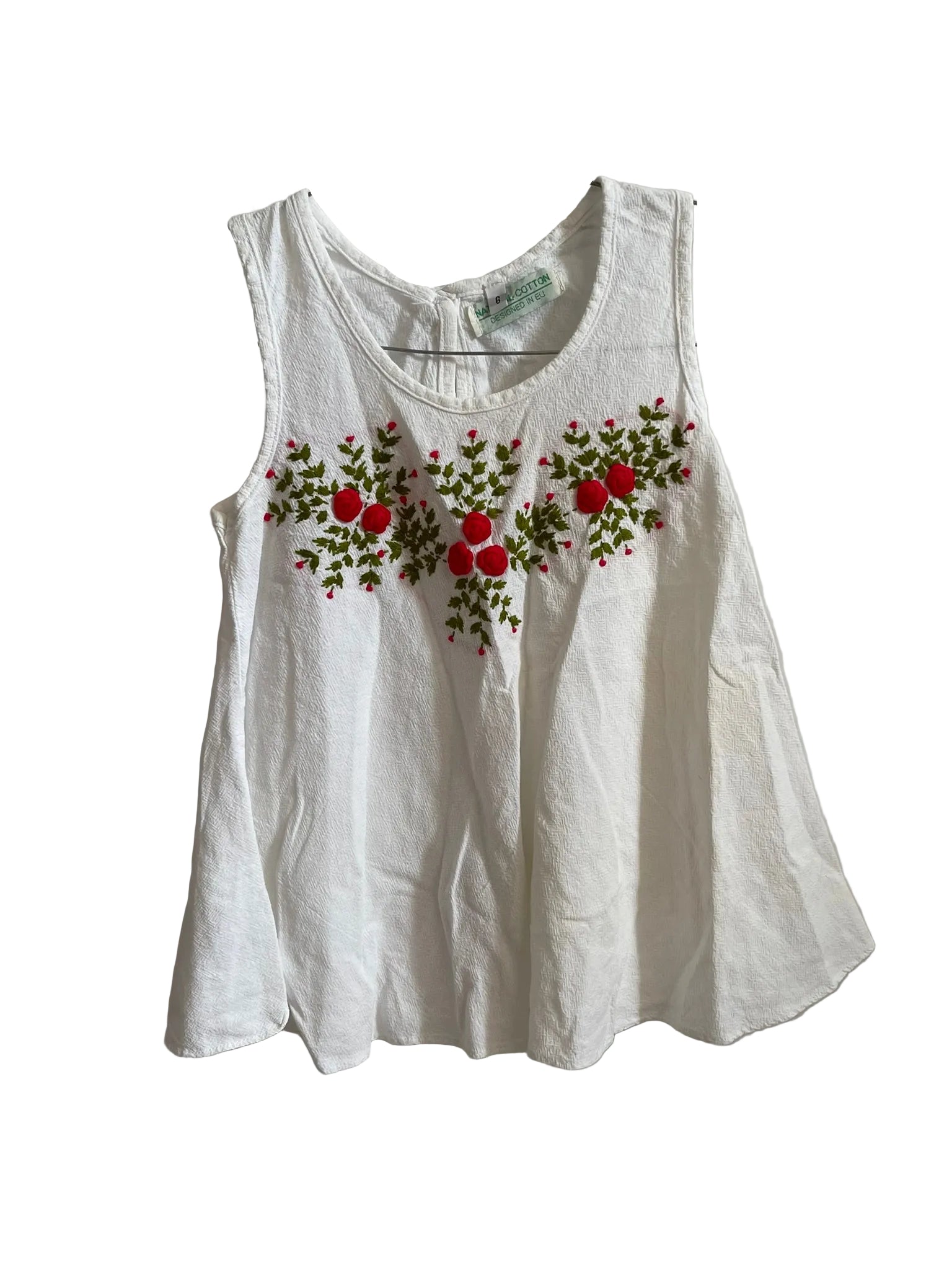 Top Blanc Broderie Roses Rouges