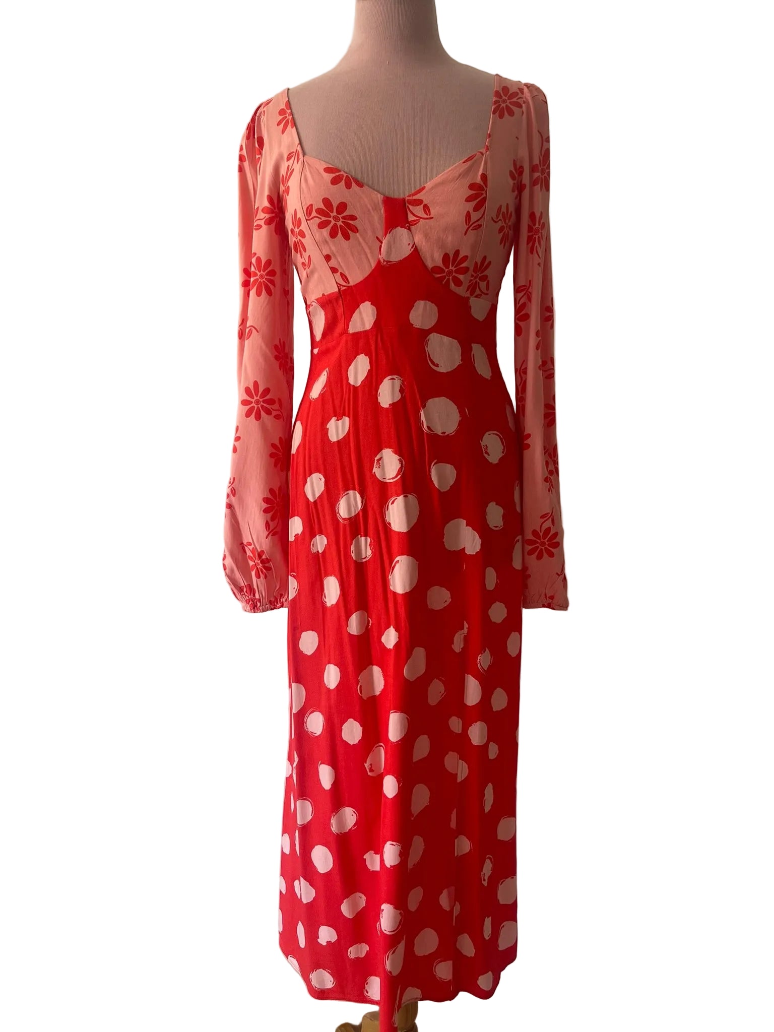 Robe Longue Bimatière Rouge Pois et Fleurs