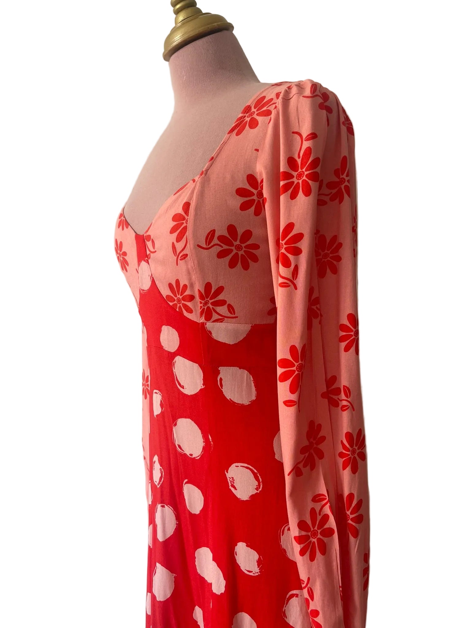 Robe Longue Bimatière Rouge Pois et Fleurs - vue 3