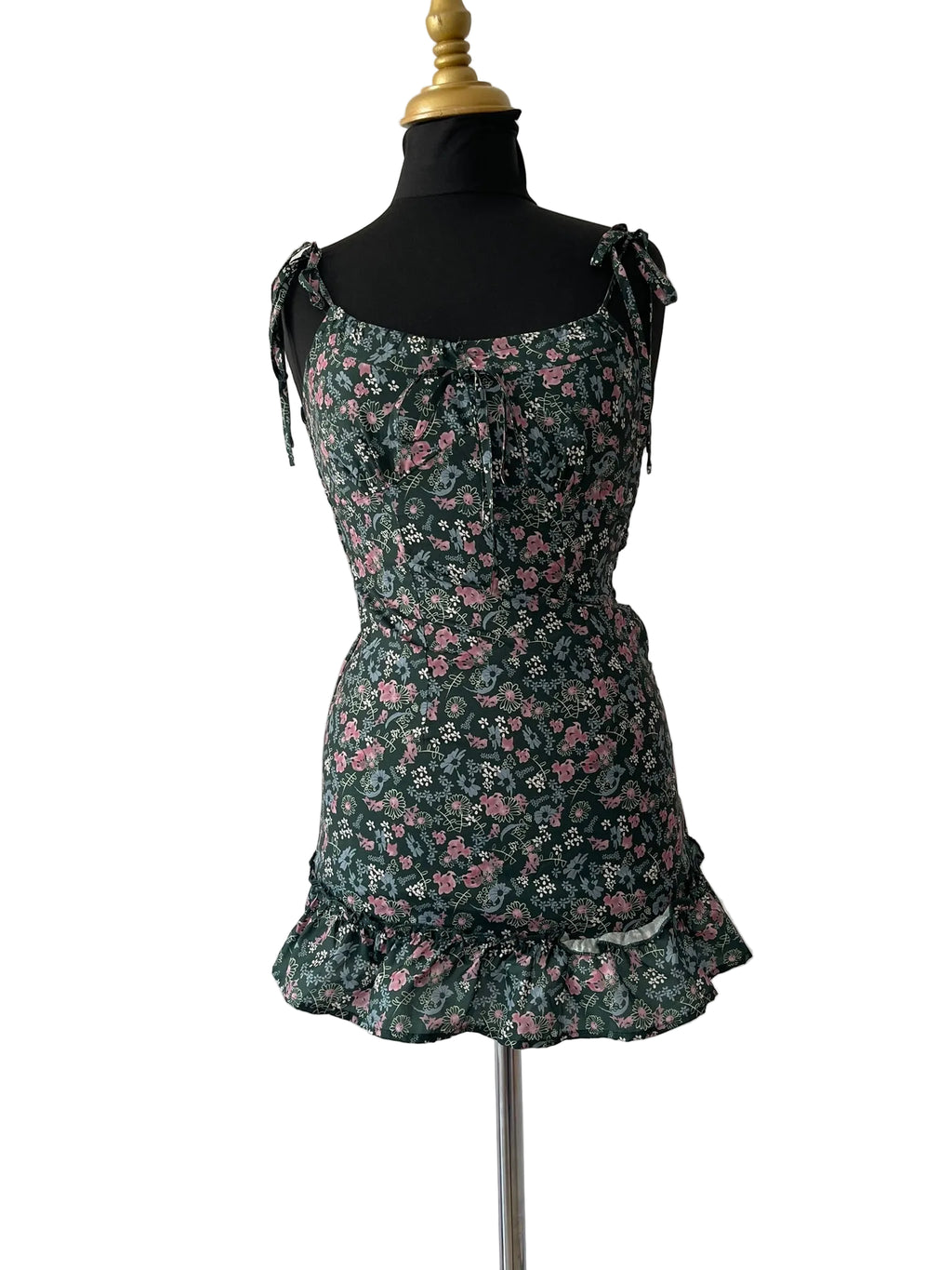 Mini Robe Vert Foncé Florale Smockée Bretelles