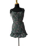 Mini Robe Vert Foncé Florale Smockée Bretelles