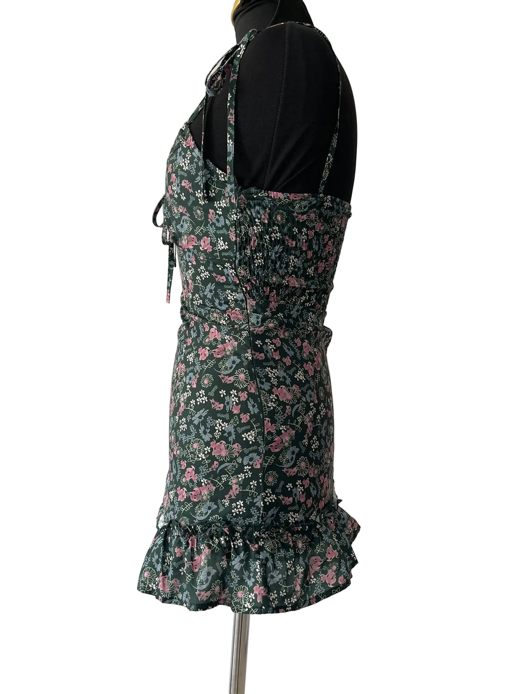 Mini Robe Vert Foncé Florale Smockée Bretelles - vue 2
