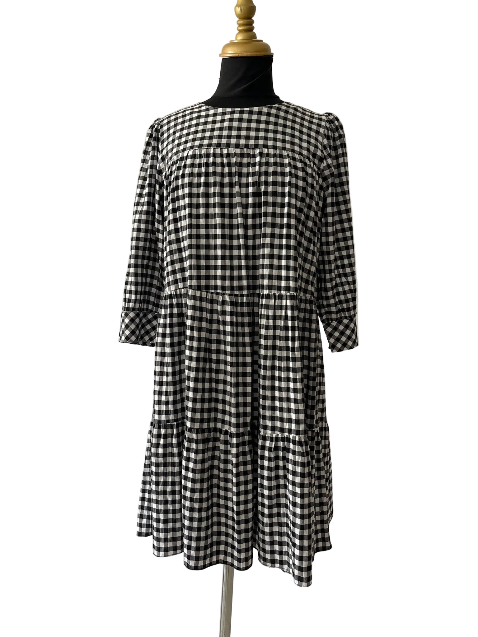Robe Gingham Noir Blanc Manches 3/4 Étagée