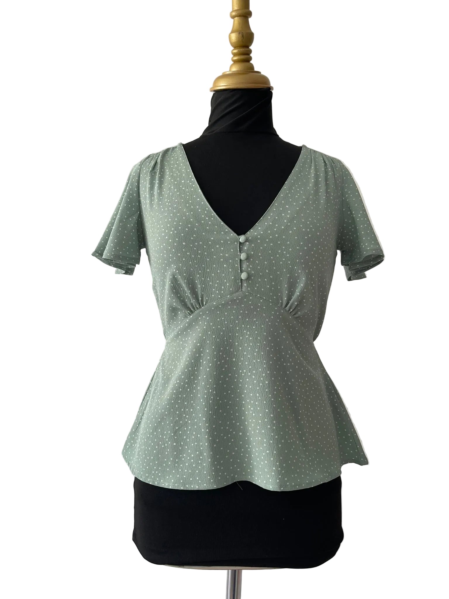 Blouse Vert Sauge Pois Blancs Noué