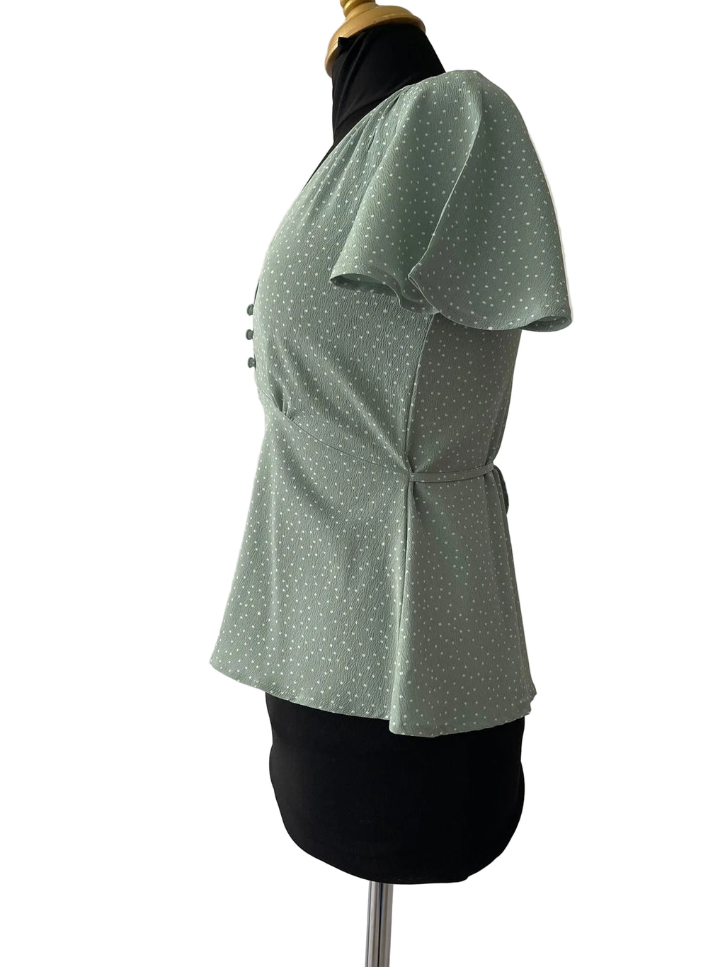 Blouse Vert Sauge Pois Blancs Noué - vue 2