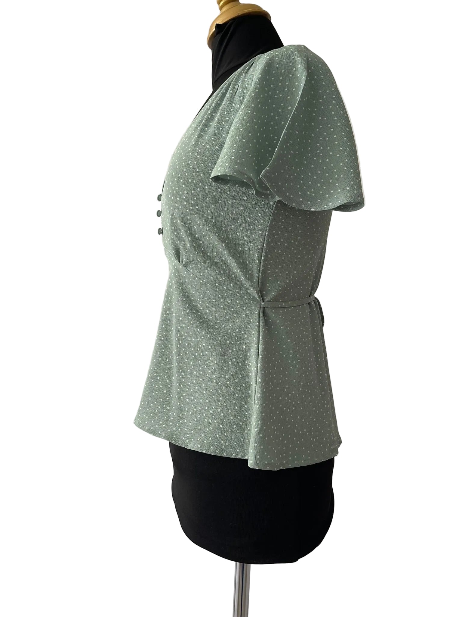 Blouse Vert Sauge Pois Blancs Noué - vue 2