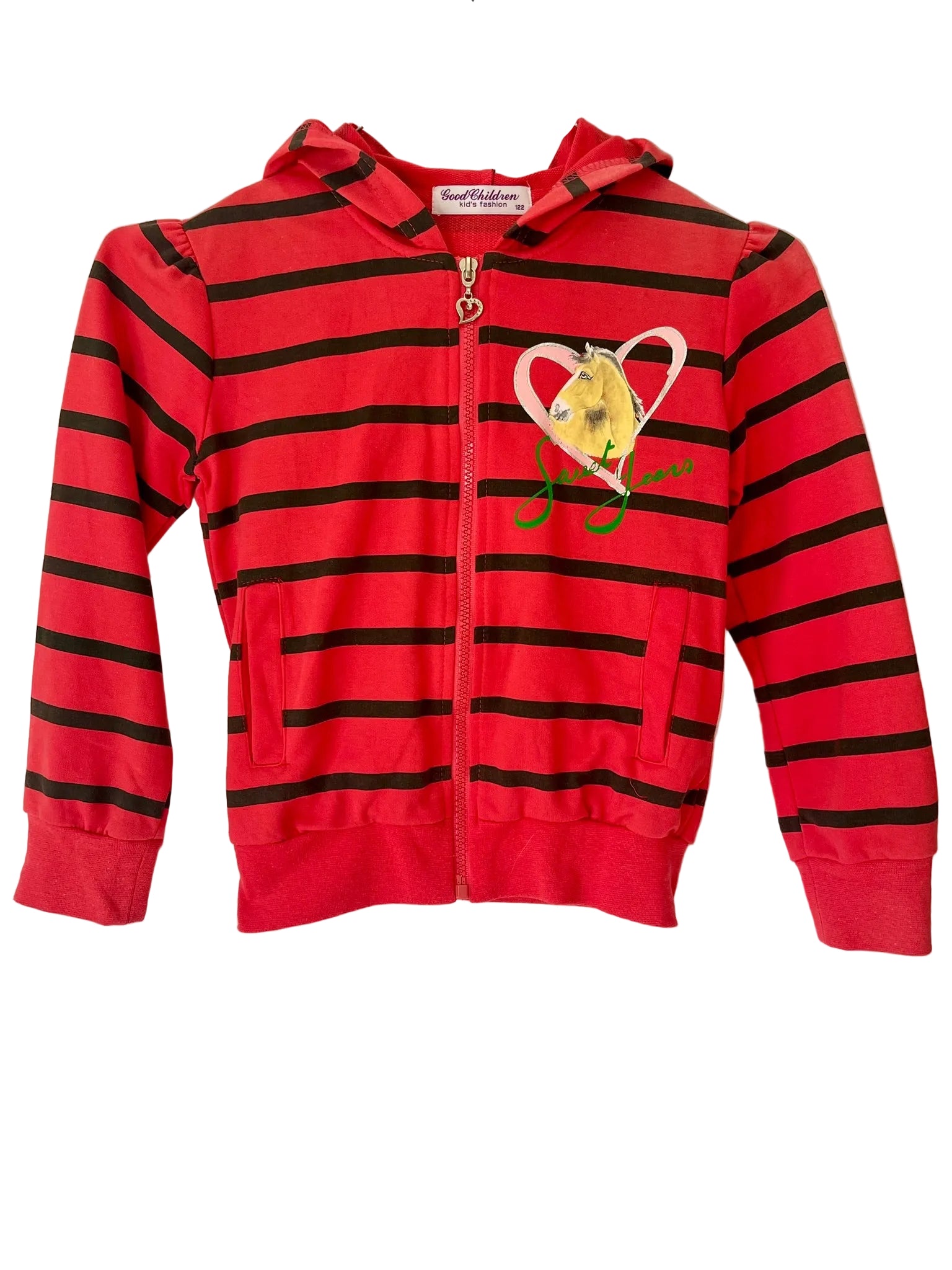 Sweat zippé à capuche fille – Rouge rayé cheval