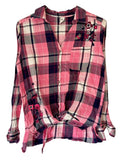 Chemise à carreaux fille brodée fleurs – Rose & Marine