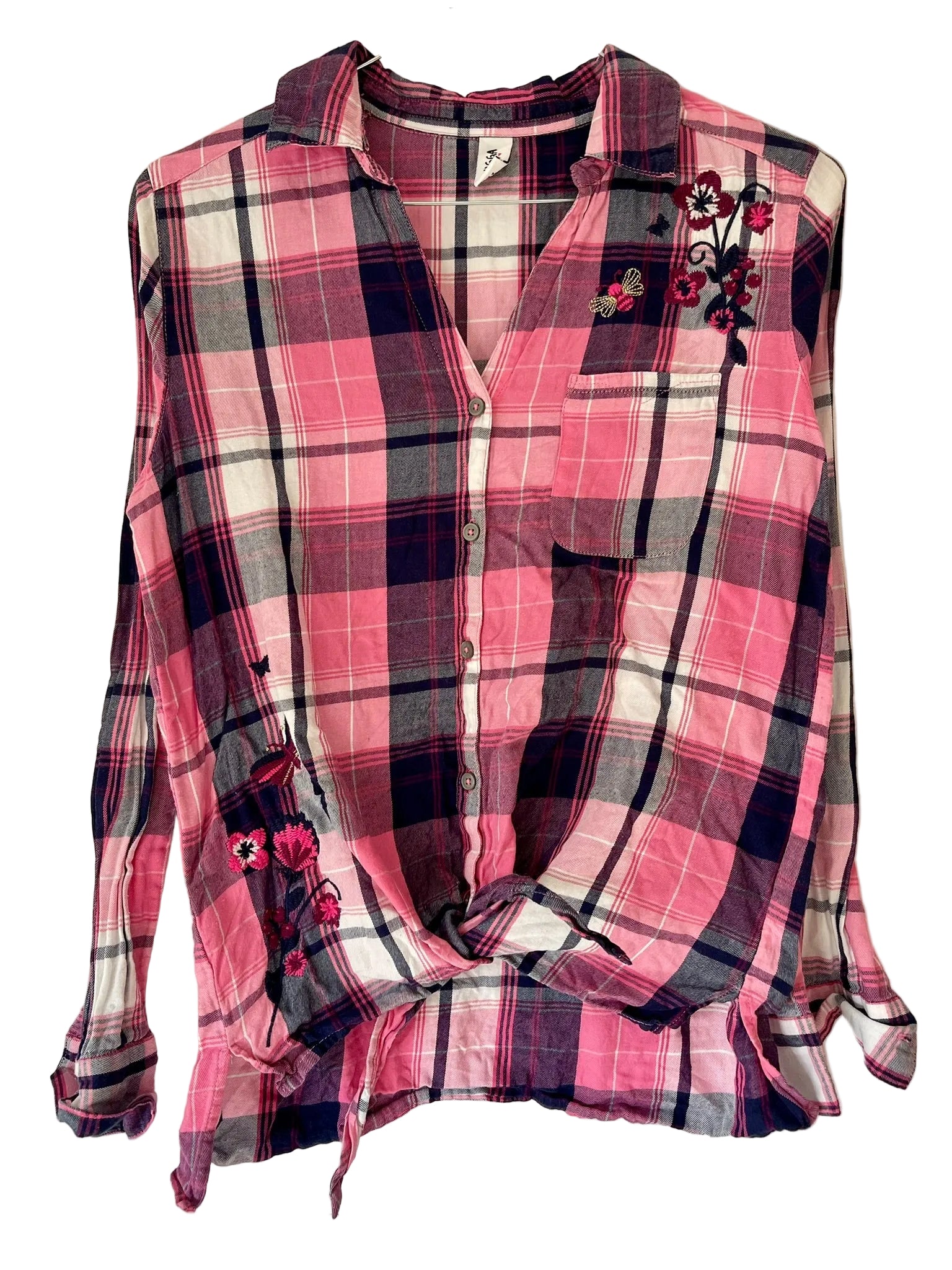 Chemise à carreaux fille brodée fleurs – Rose & Marine