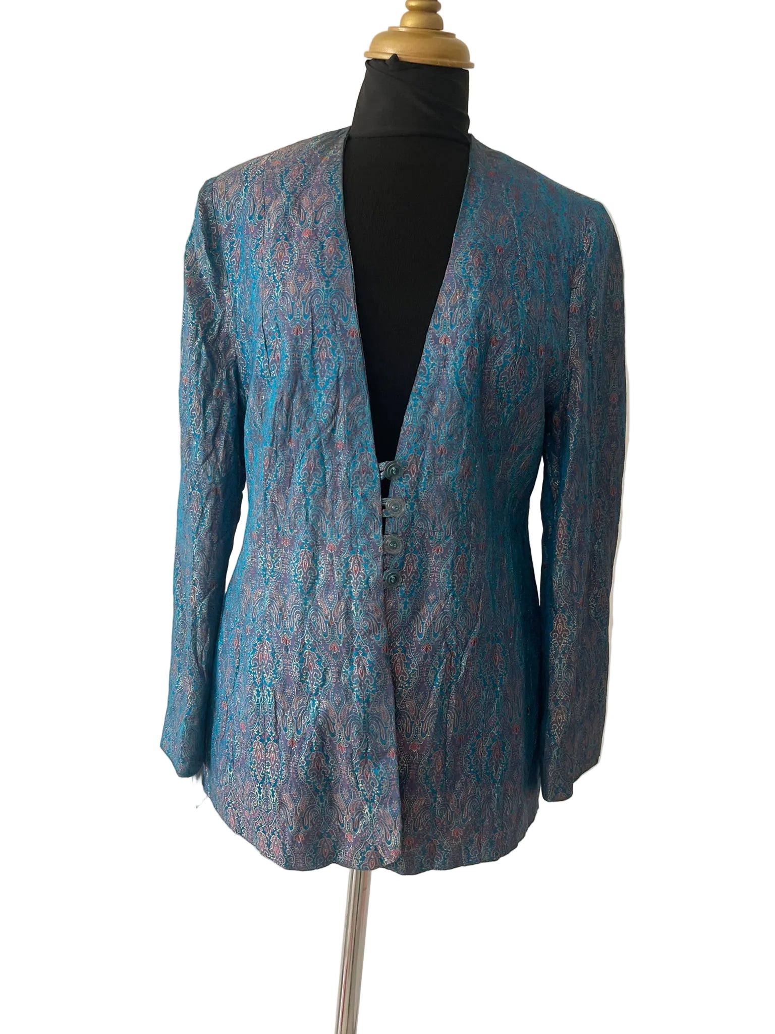 Veste longue imprimé cachemire bleu paon