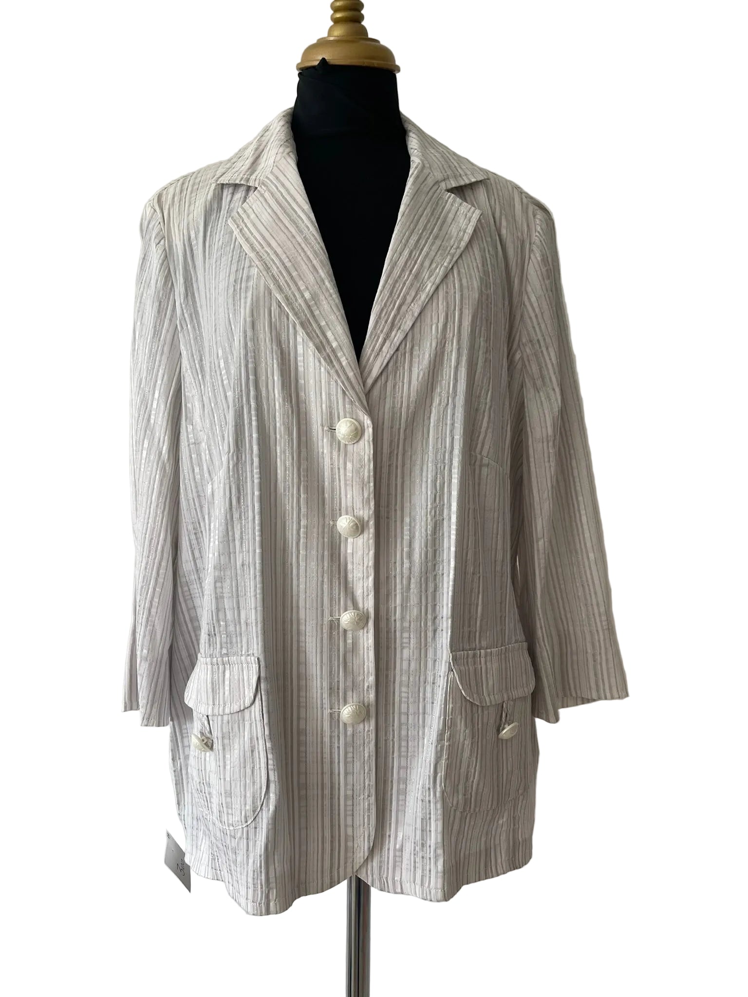 Veste longue lin rayé blanc et gris perle