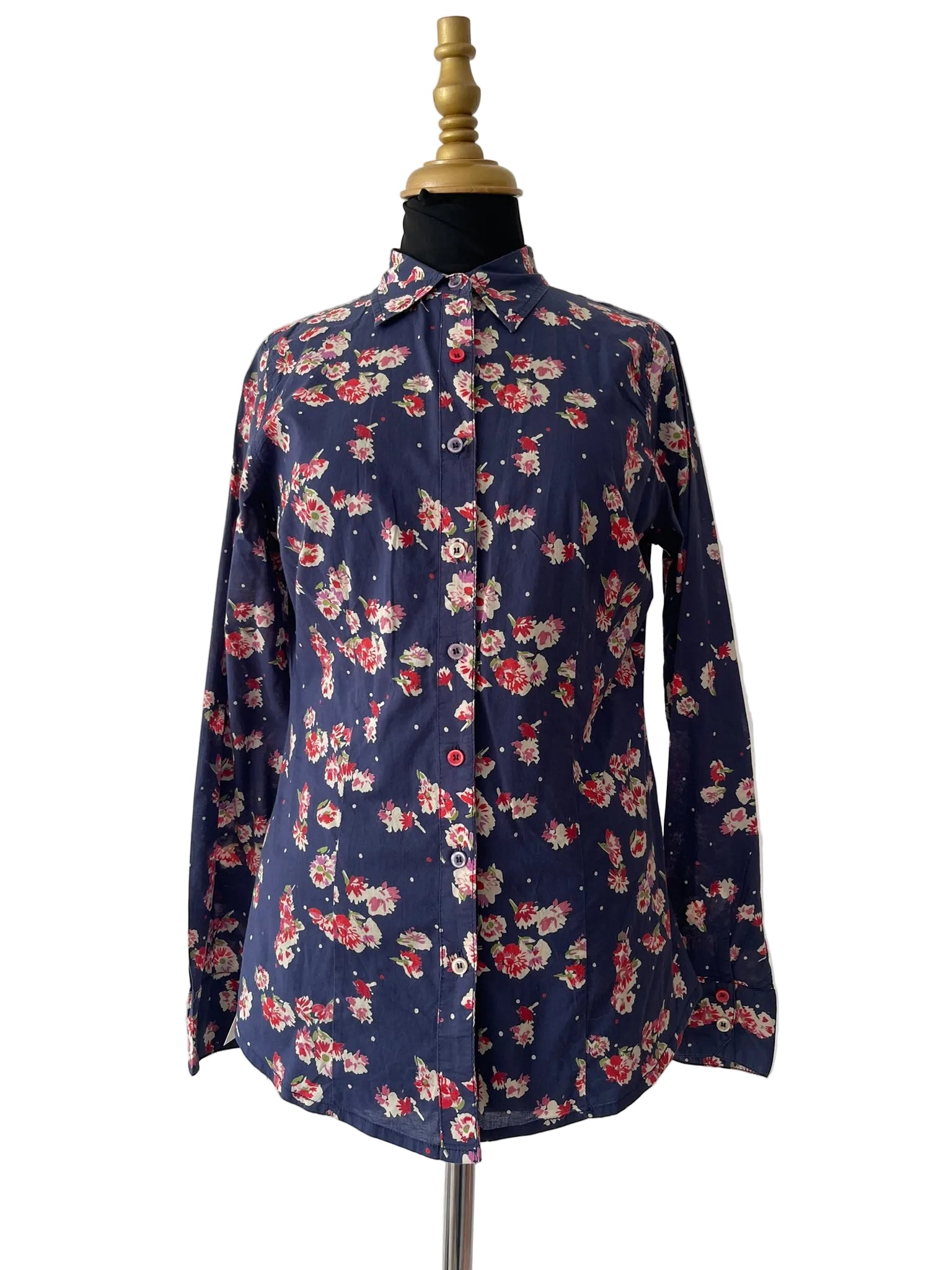 Chemise coton bleu marine fleurs rouges