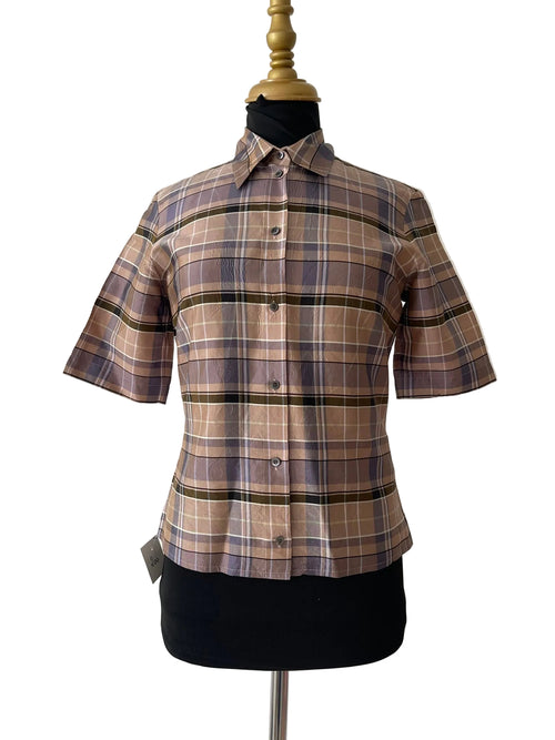 Chemise carreaux beige et kaki manches courtes